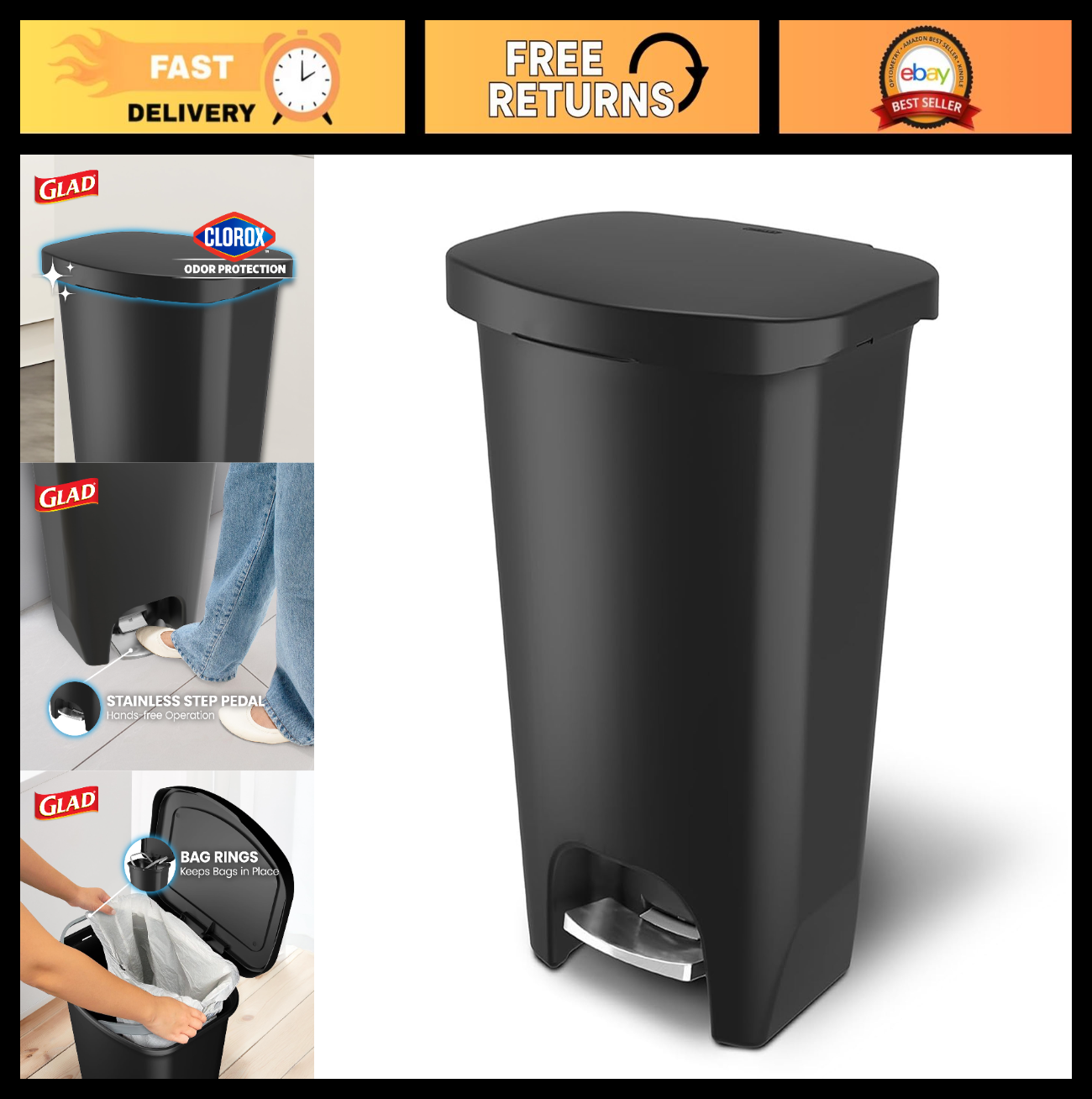 Premium 13 Gallon Trash Can with Clorox Odor Control, Hands-Free Pedal, Black0