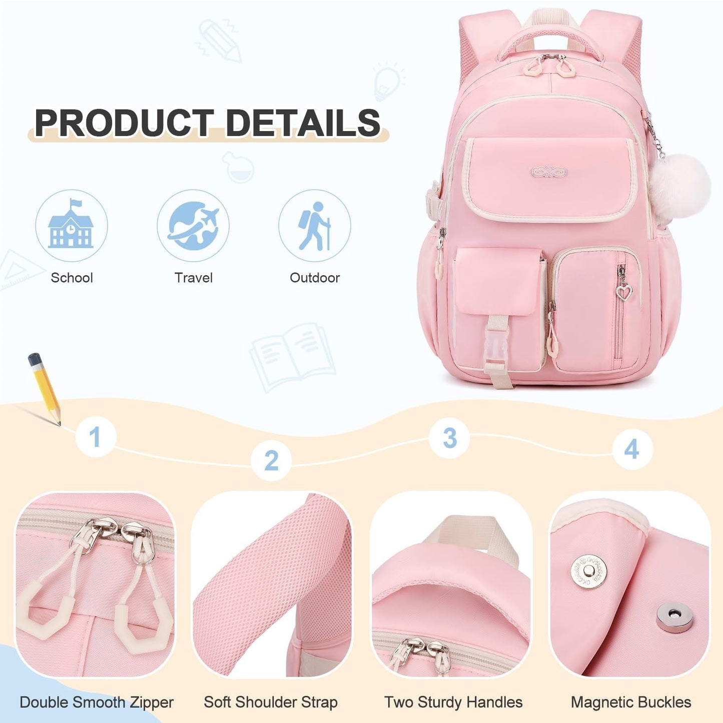 3PCS Girls School Backpack Set with Lunch Box & Pencil Pouch   Stylish & Durable4