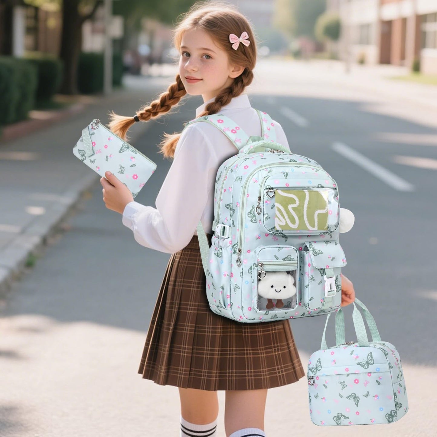 4PCS Girls Backpack Set with Lunch Box & Pencil Case   Stylish School Bags for K1