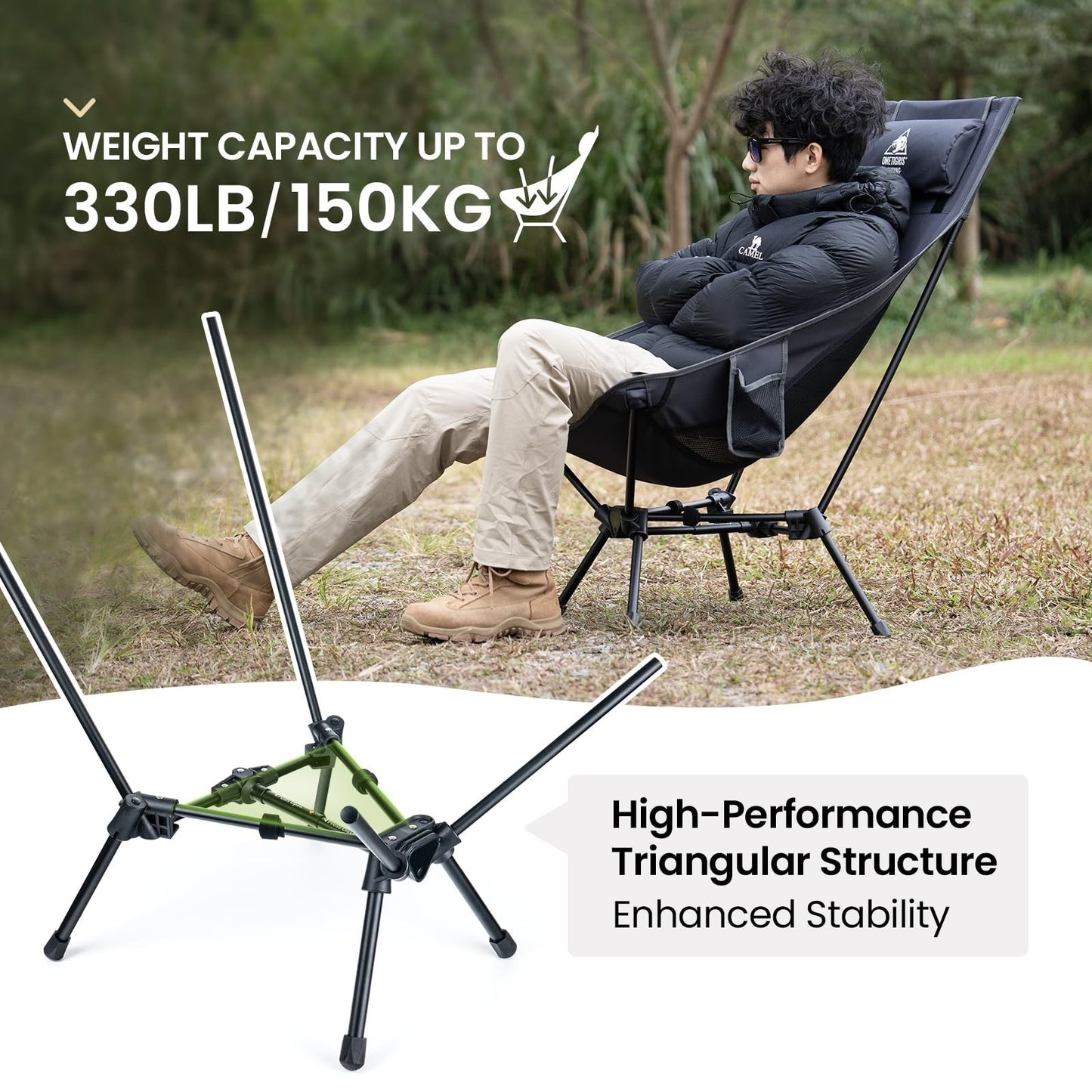 High Back Camping Chair with Pillow, Comfortable Widened Folding Seat for Outdoo3