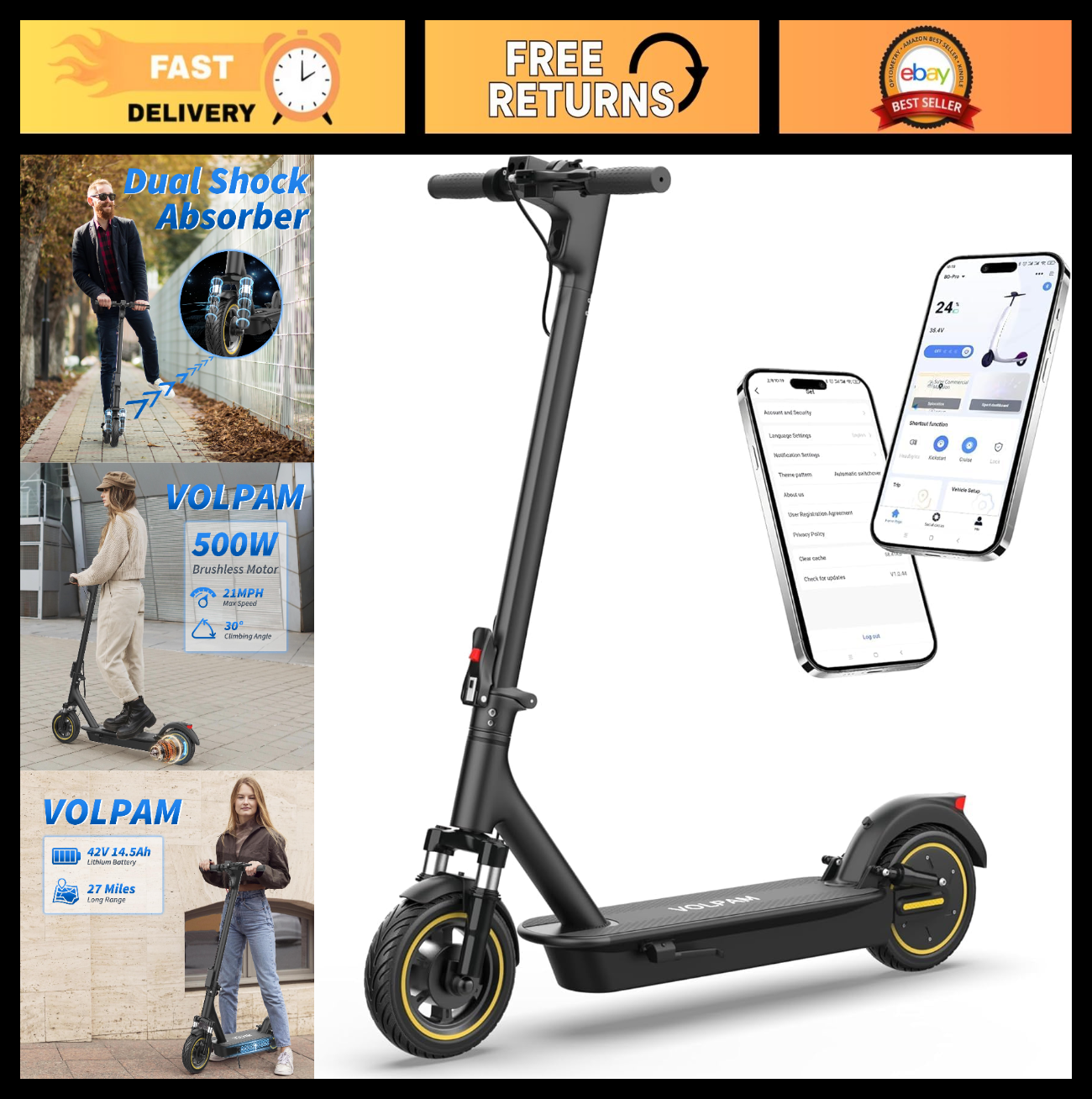 Powerful Electric Scooter 350W/500W Motor, 19MPH Speed, 21-28 Miles Range, Foldi0