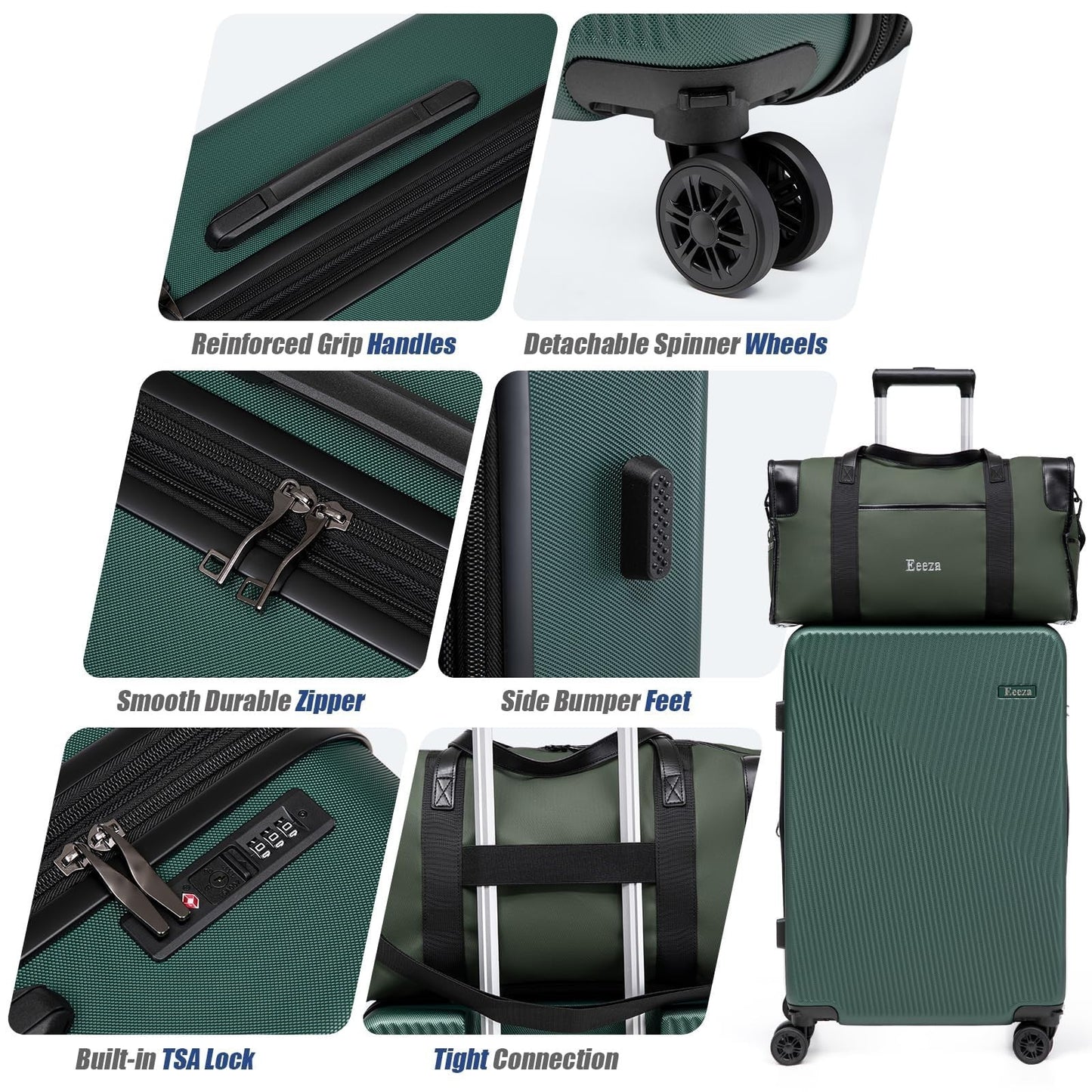 5-Piece Green Hardshell Luggage Set 20/24/28" - ABS Hard Case, Removable Wheels,5