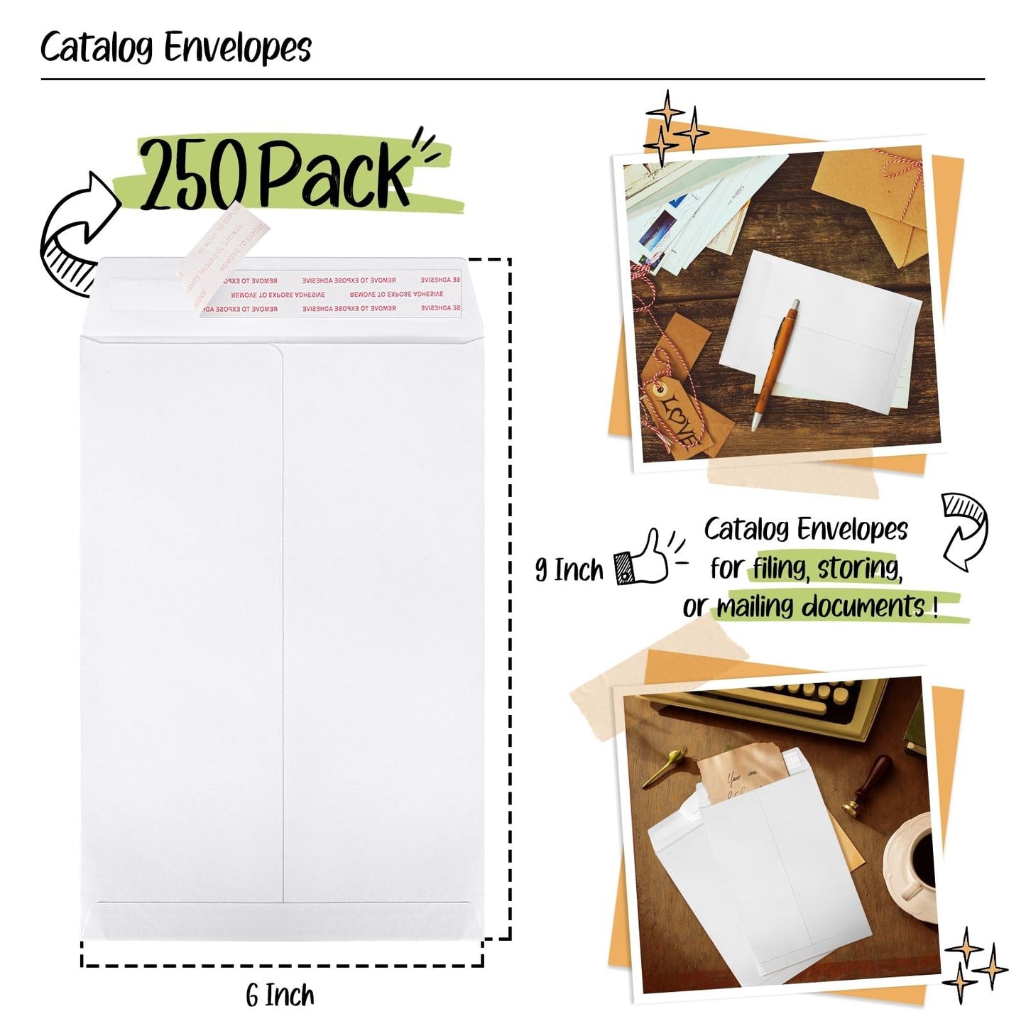 250 Pack White 6x9 Catalog Envelopes | Gummed Seal Open End Mailers for Letters,2