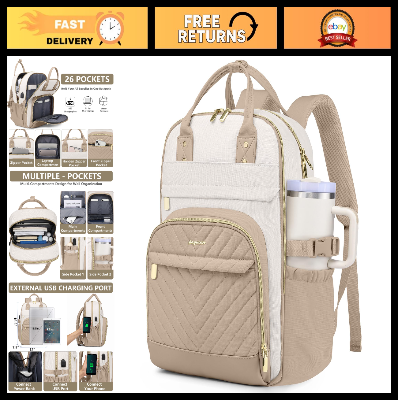 Stylish Laptop Backpack for Women   15.6" College Bookbag with Large Tumbler Poc0