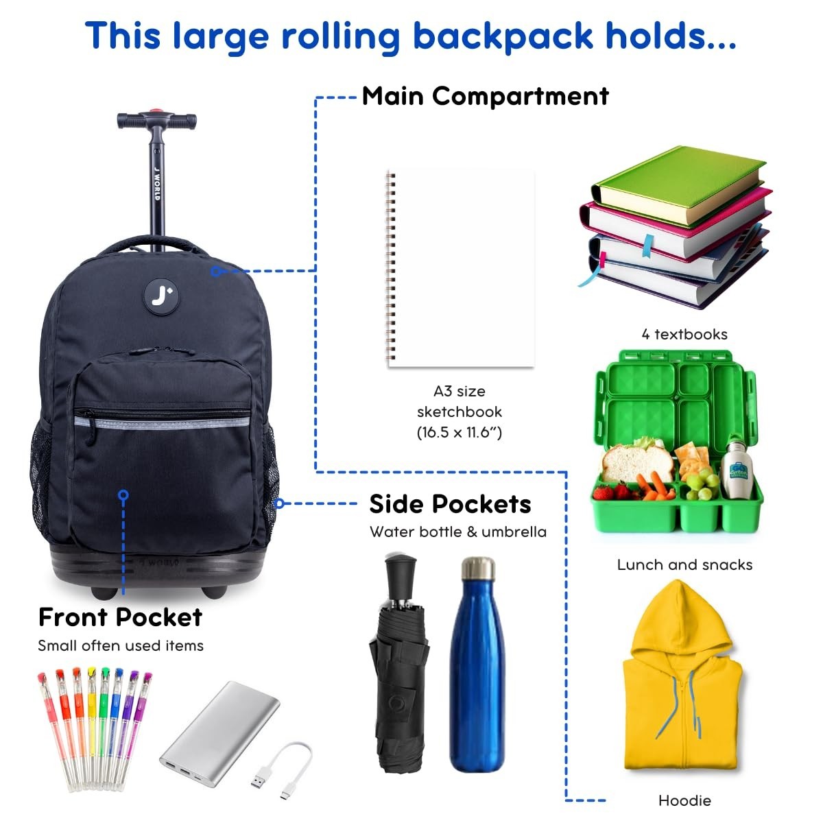 Rolling Backpack for School, Travel & Outdoor   Black, Lightweight & Durable3