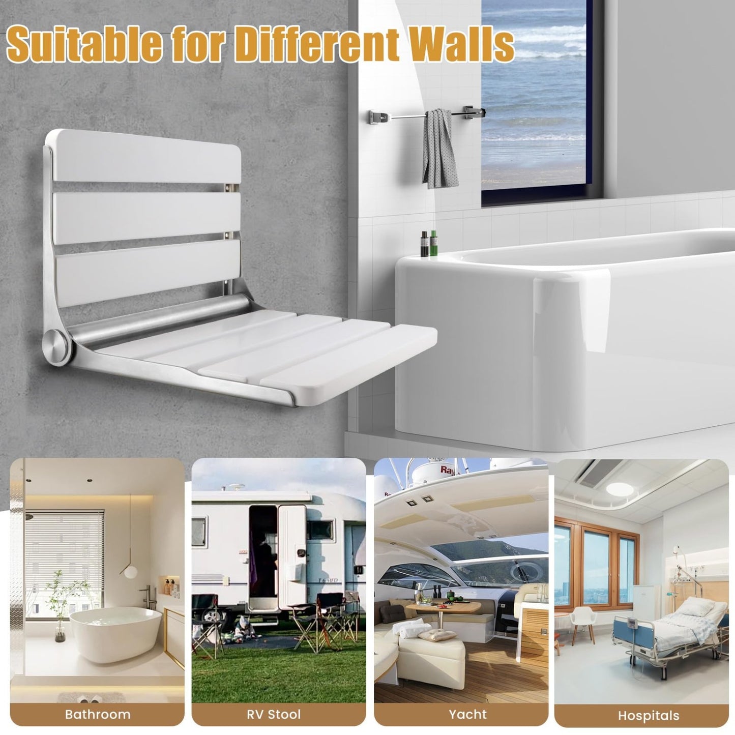 16" Teak Folding Shower Seat Wall Mounted   Space Saving Bench for Seniors, 400l4