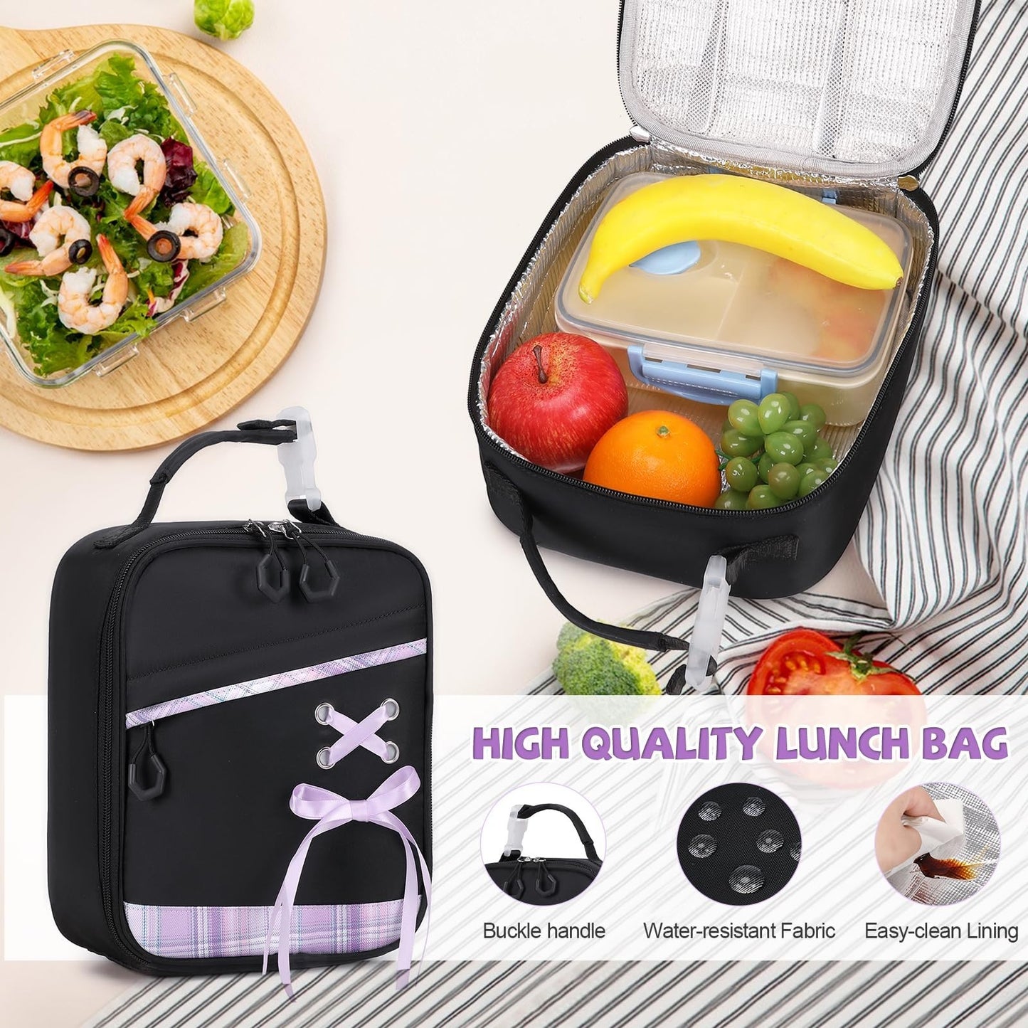 Girls' Backpacks Set   6PCS Plaid School Bag with Lunch Box & Pencil Pouch, Blac6