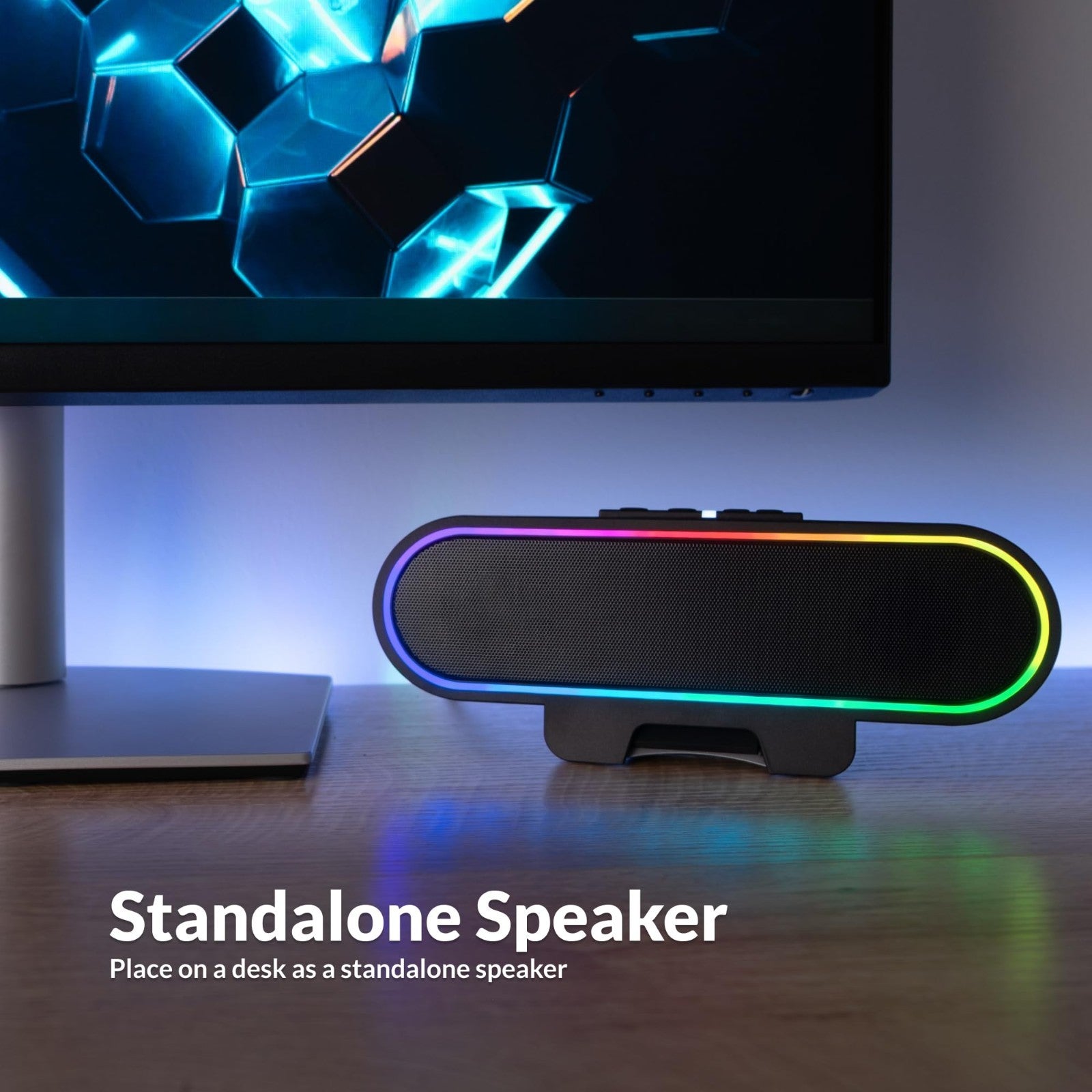 USB Powered Speaker Bar with LED Lights for PC & Mac, Clamps to Monitors, Music10