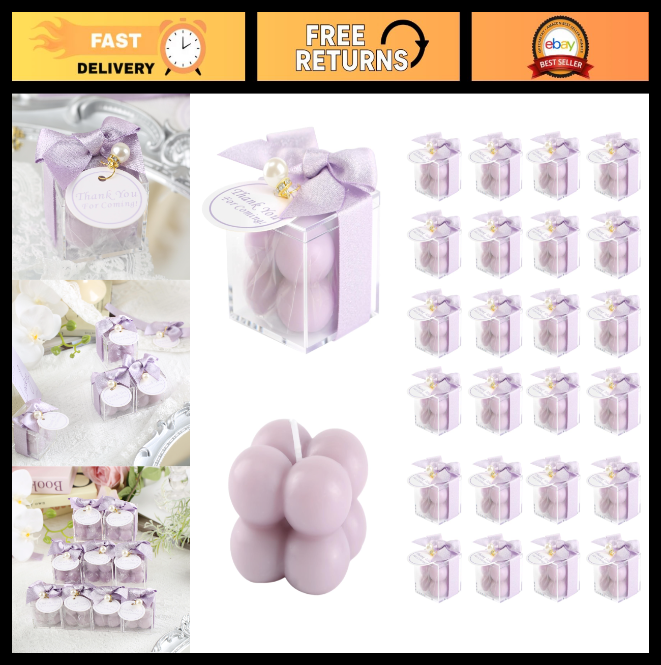 30 Sets Small Bubble Candles Party Favors with Ribbons & Thank You Cards - Purpl0
