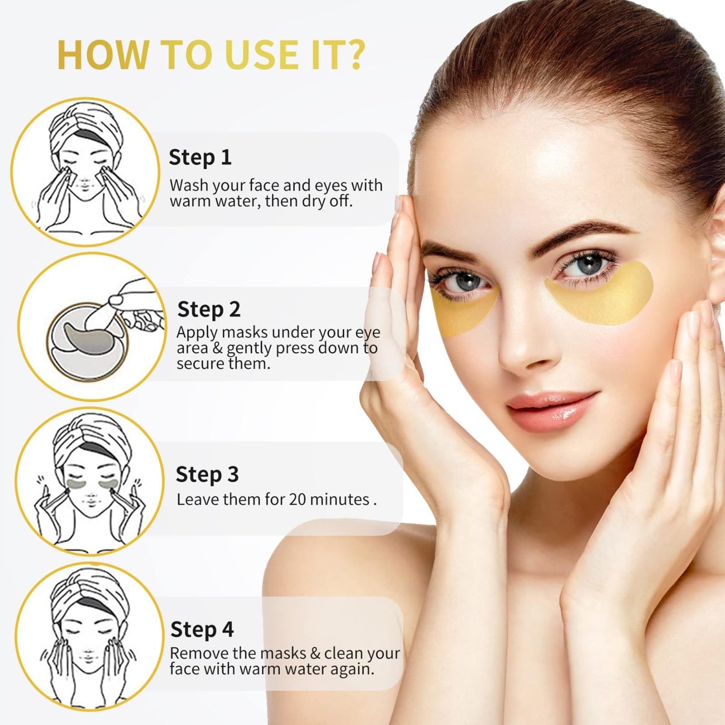 24K Gold Under Eye Patches   60 Pack Hydrating Eye Masks for Dark Circles & Puff4