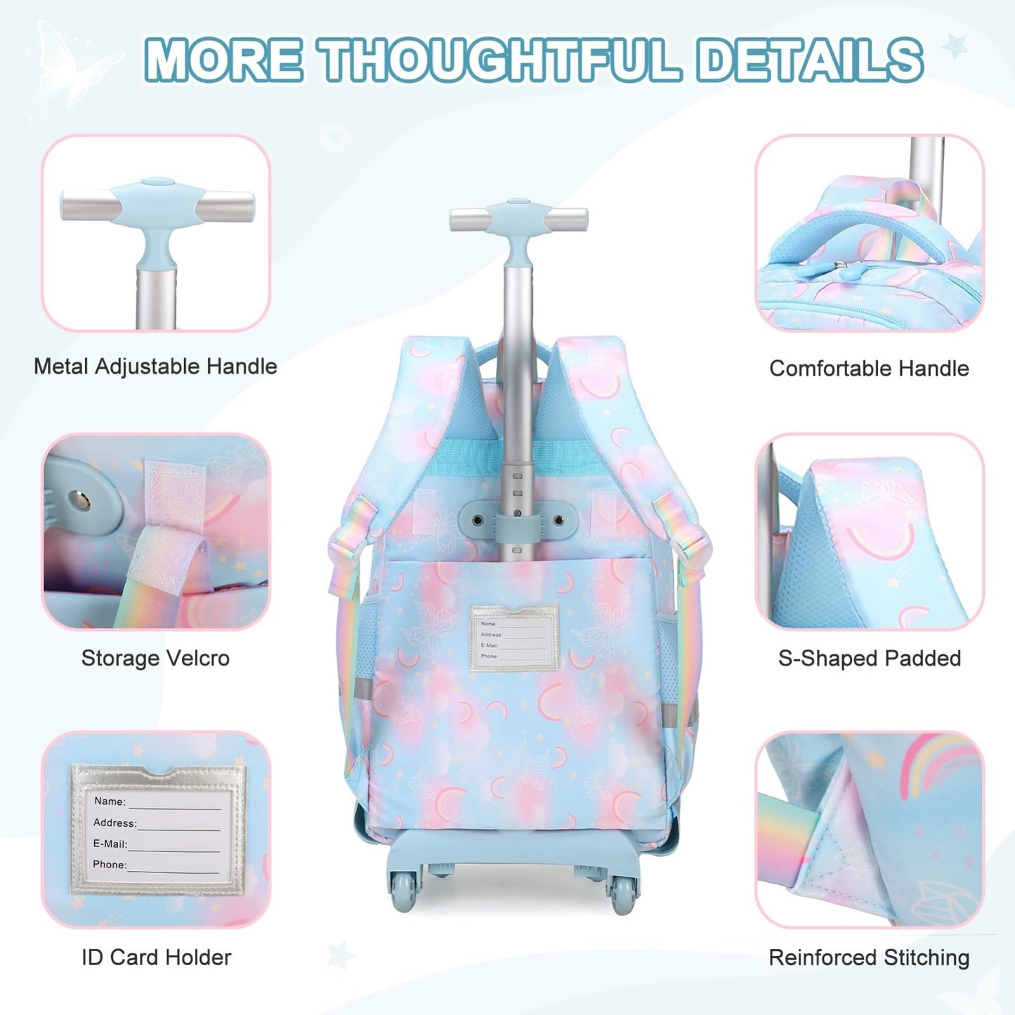 3PCS Girls Rainbow Butterfly Rolling Backpack Set with Lunch Box   Blue5