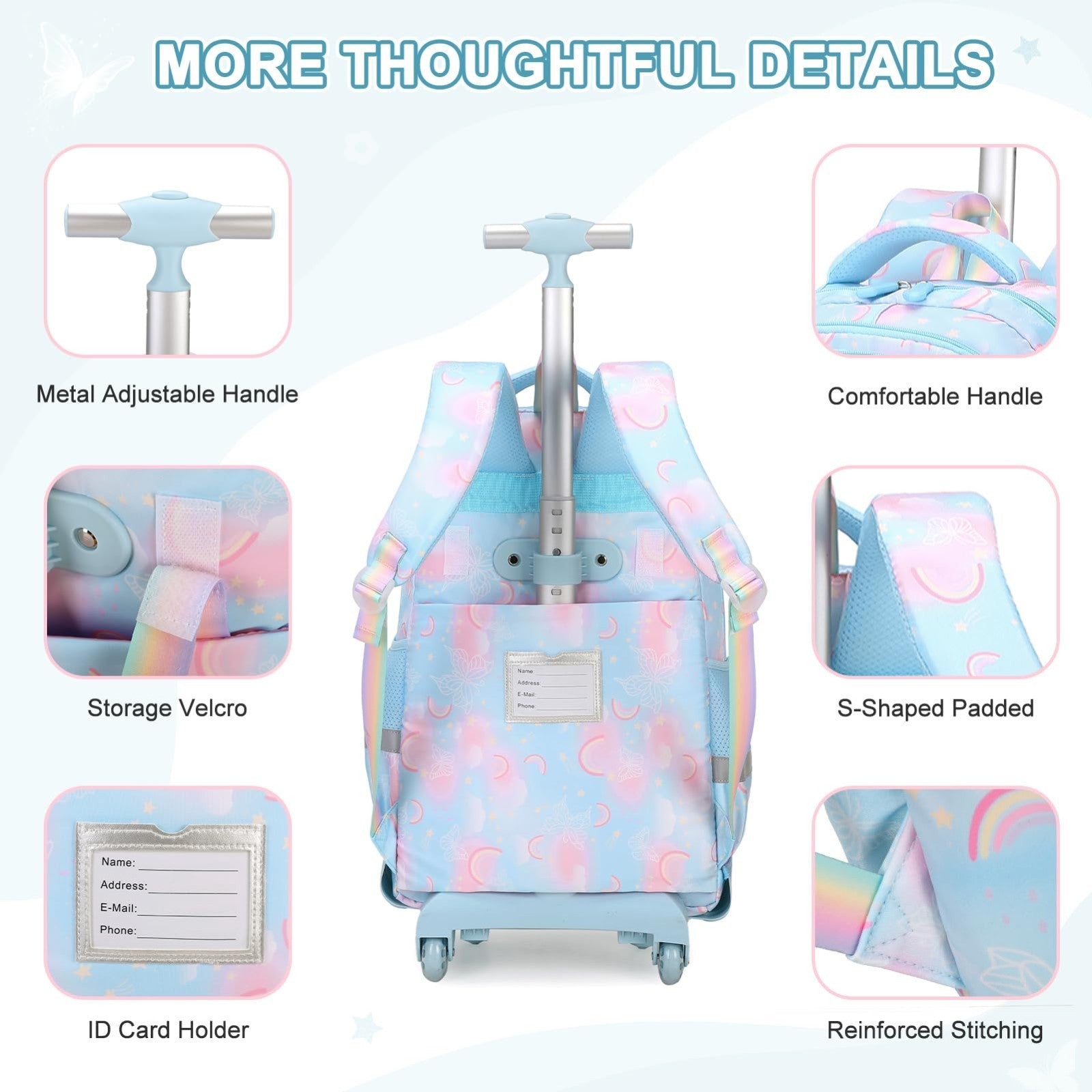 3PCS Girls Rainbow Butterfly Rolling Backpack Set with Lunch Box   Blue5