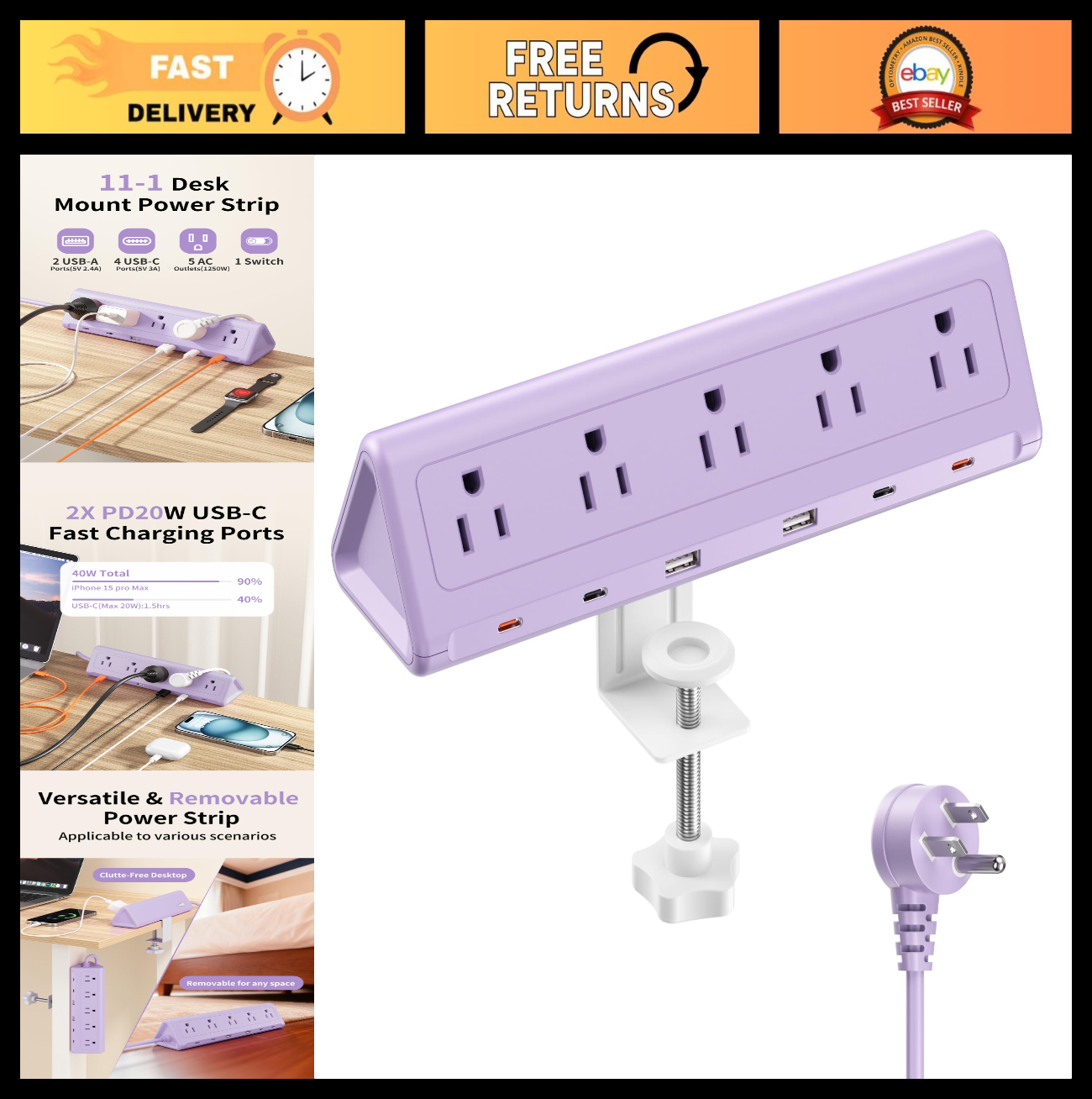 6.5FT Desk Clamp Power Strip   5 AC Outlets, 6 USB Ports, PD 40W Fast Charge0