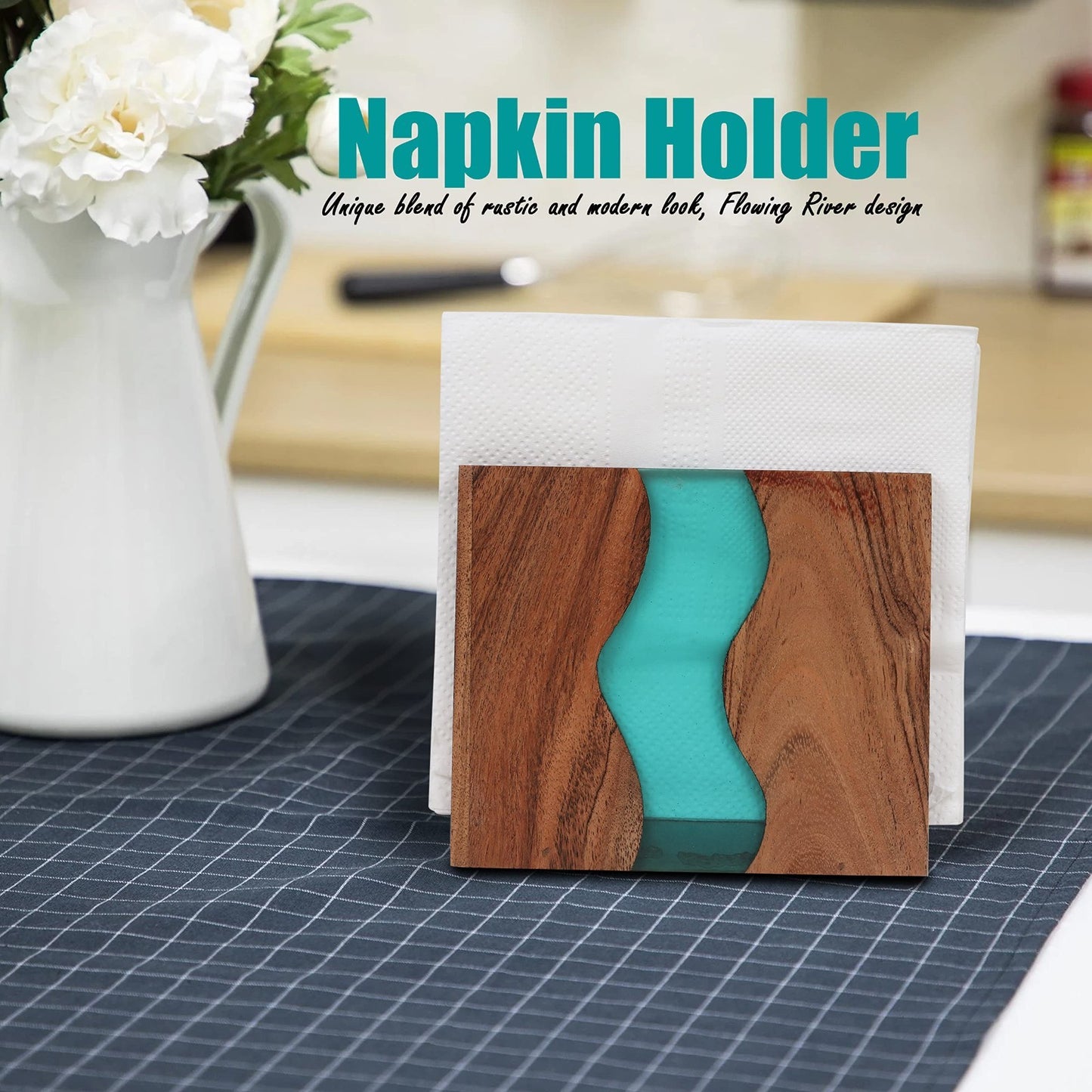 Rustic Acacia Wood Napkin Holder with Epoxy Resin - Farmhouse Table Organizer, 65