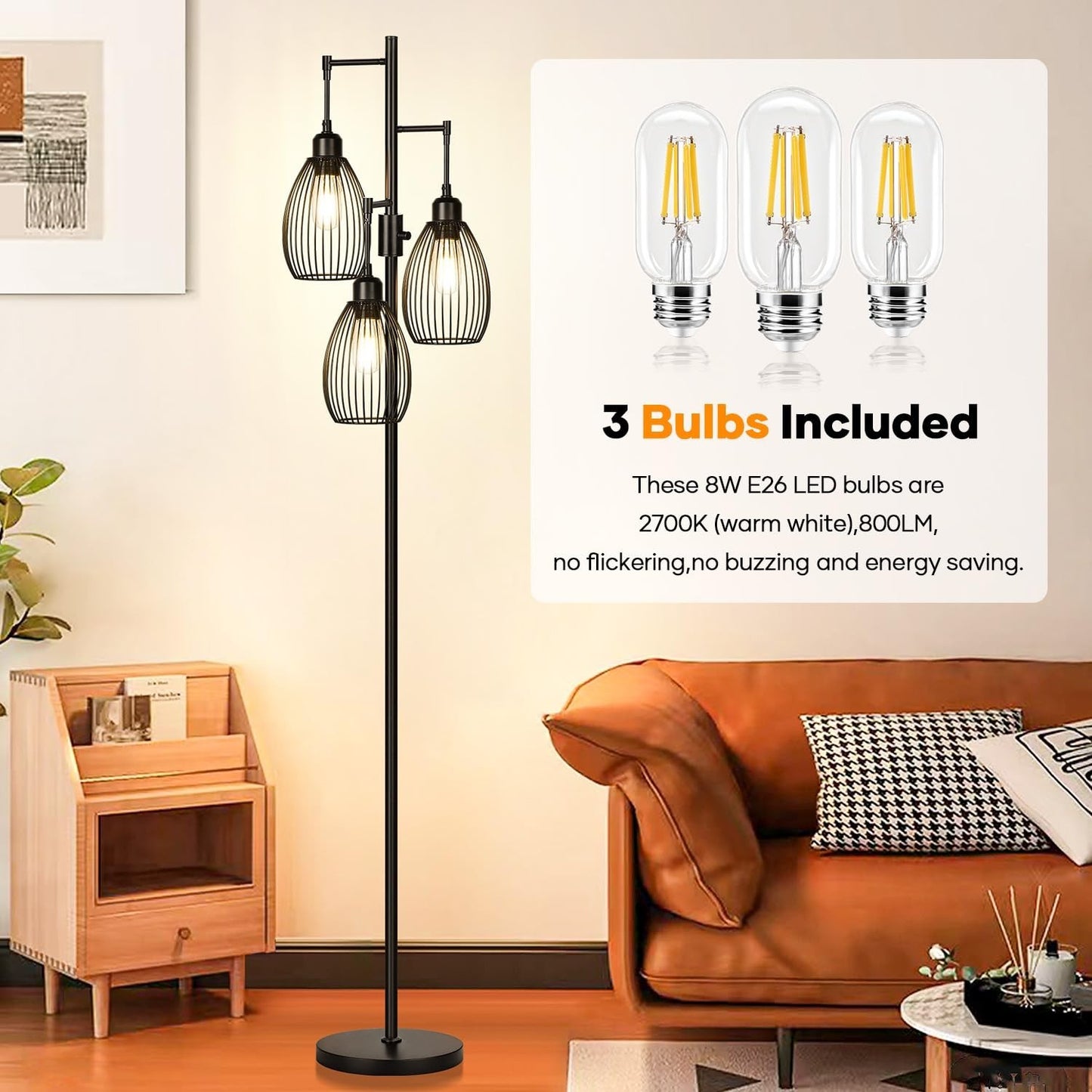 Dimmable Floor Lamp with 3 LED Edison Bulbs, Industrial Farmhouse Design for Liv3