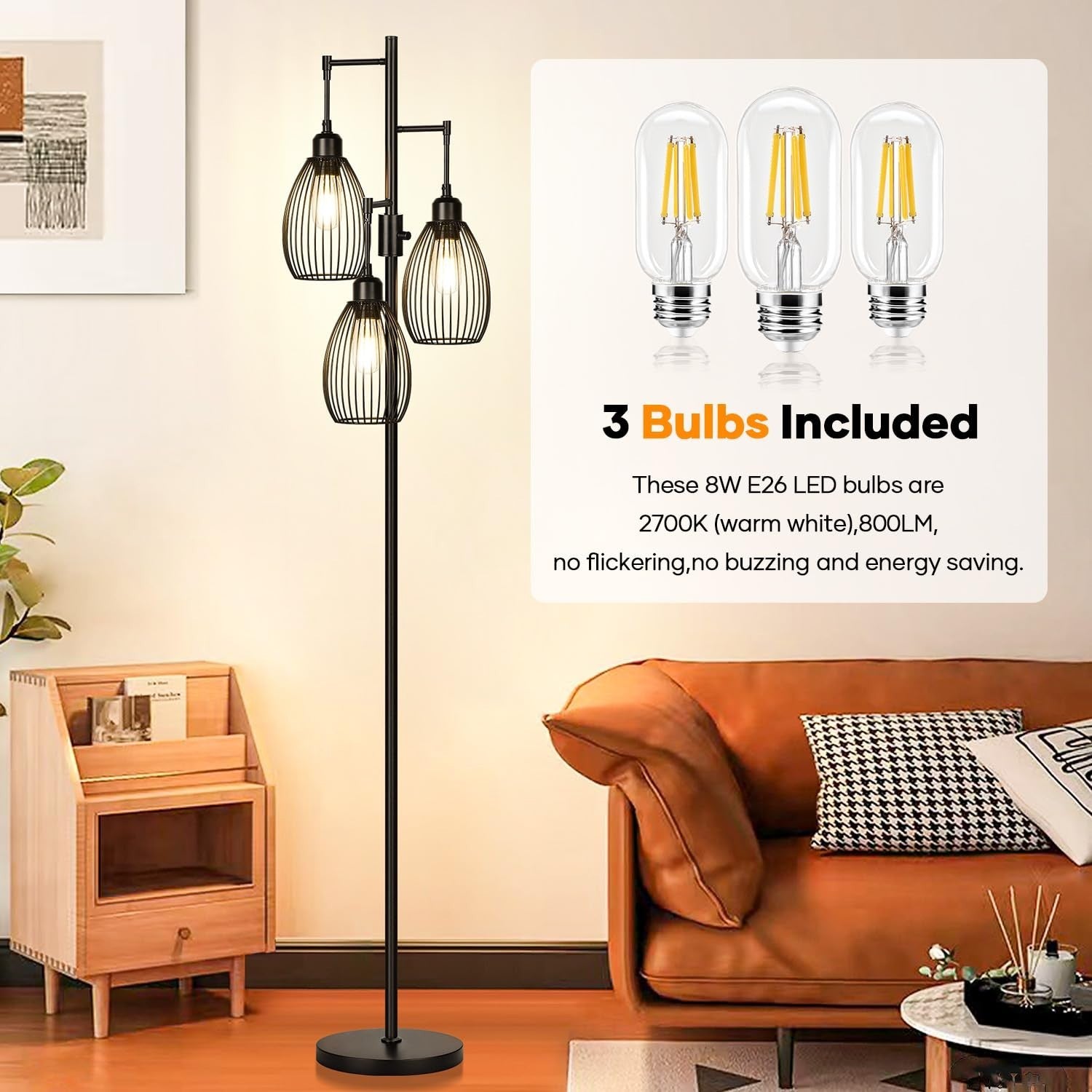 Dimmable Floor Lamp with 3 LED Edison Bulbs, Industrial Farmhouse Design for Liv3