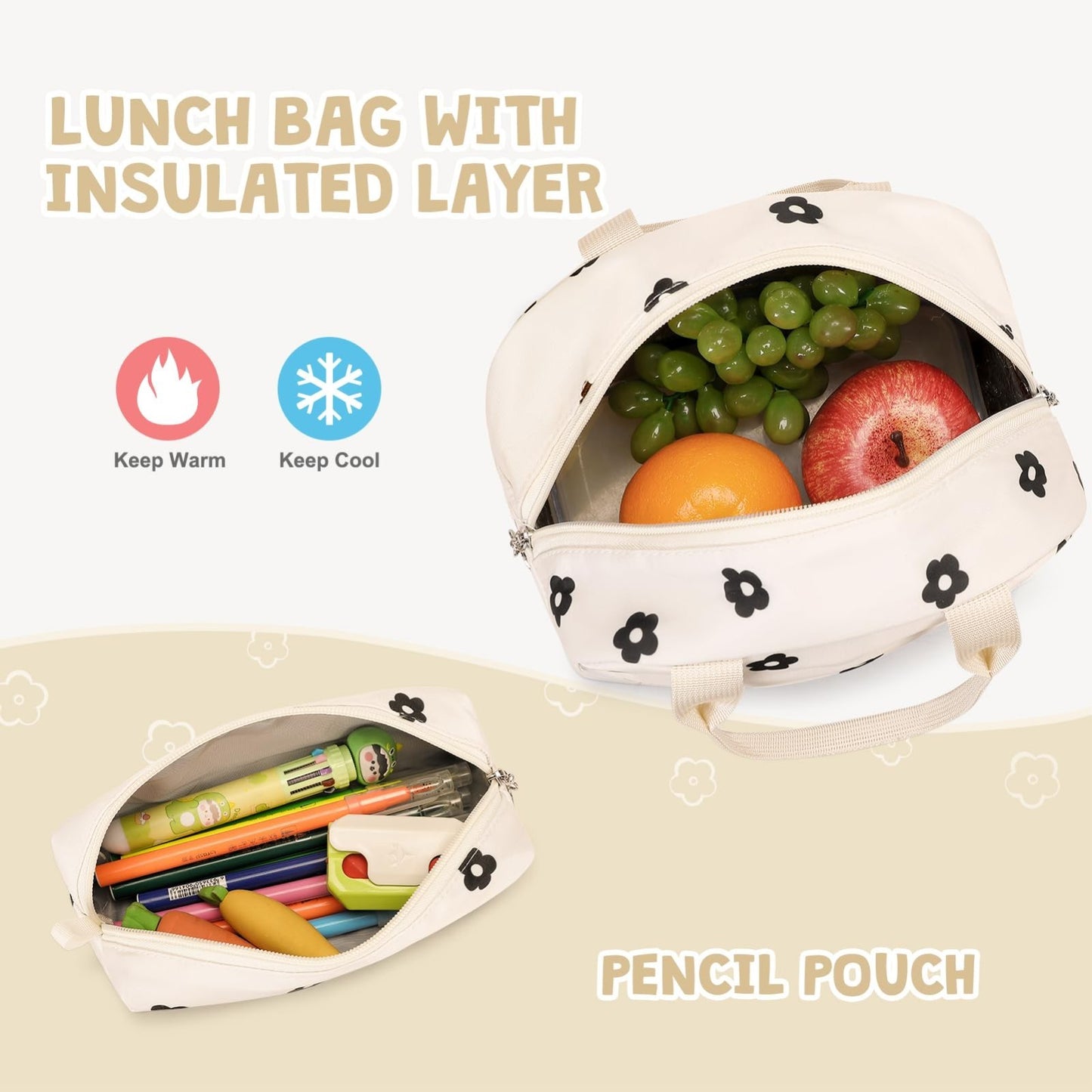 Stylish Girls Backpack with Lunch Bag & Pencil Pouch   Teen Laptop Bookbag, Flor5