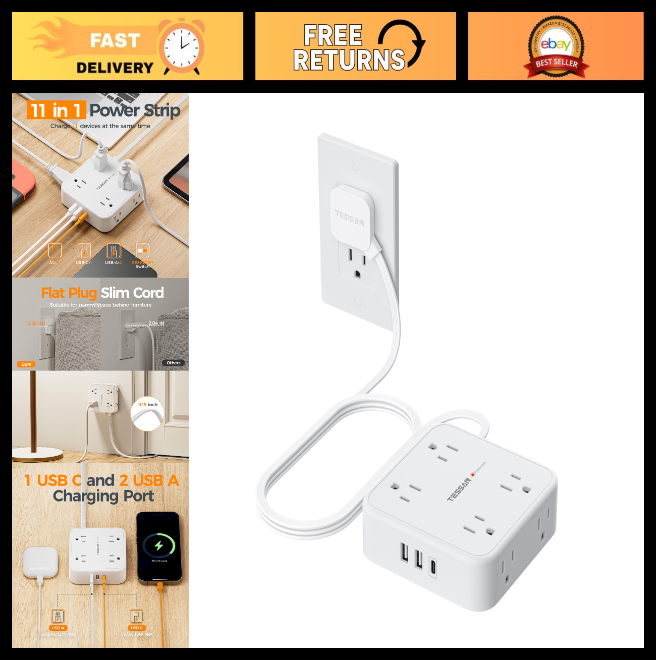 Surge Protector Power Strip 900J Protection, 5 Ft Extension Cord, White0