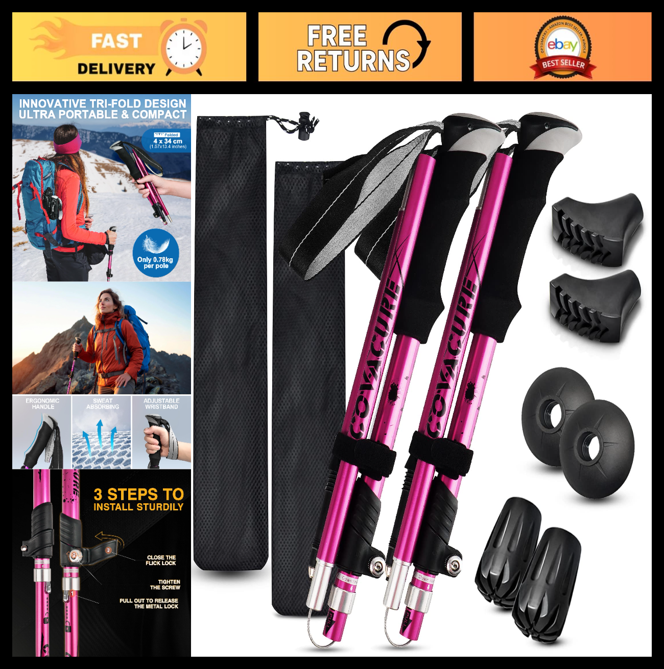 Collapsible Trekking Poles - Lightweight Aluminum Walking Sticks for Hiking, Cam0