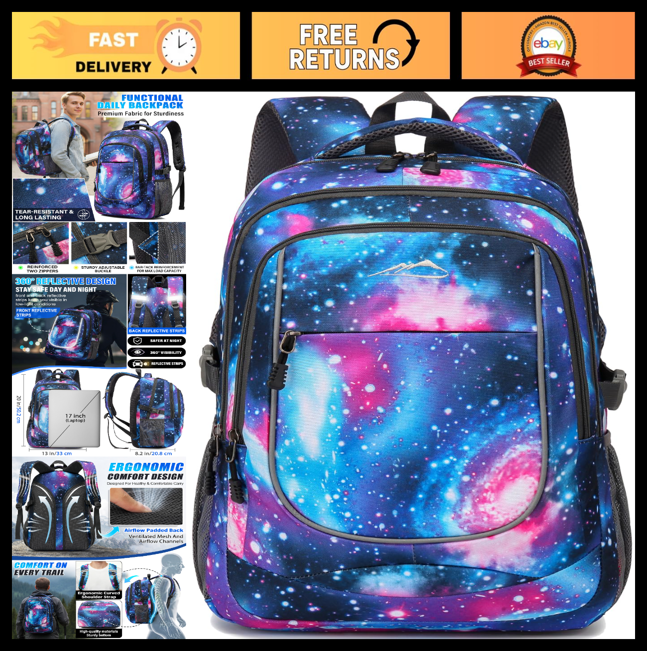 Extra Large Multi Compartment Backpack for College, Travel, Laptop, Hiking   Fit0