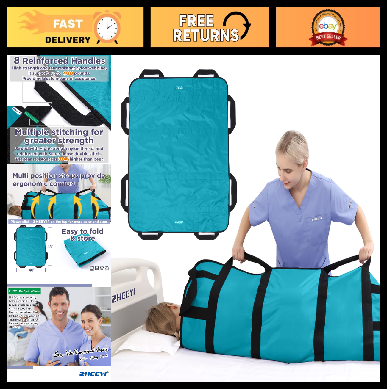 48"x40" Reusable Bed Pad with Handles   Washable Patient Sheet for Lifting & Rep0