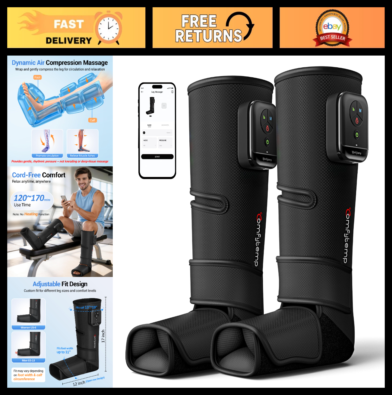 Cordless Air Compression Leg Massager for Circulation & Pain Relief, Portable Ca0