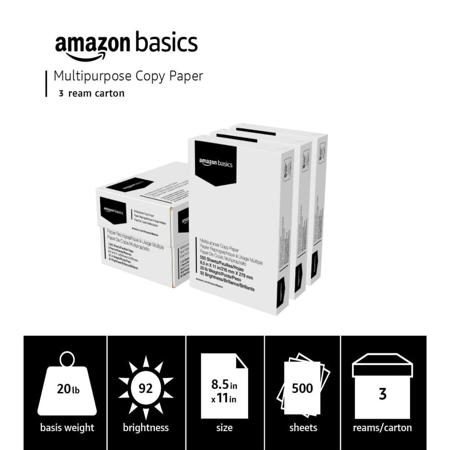 Multipurpose Copy Printer Paper, 20 lb, 8.5x11", 1500 Sheets, Bright White, 3 Re3