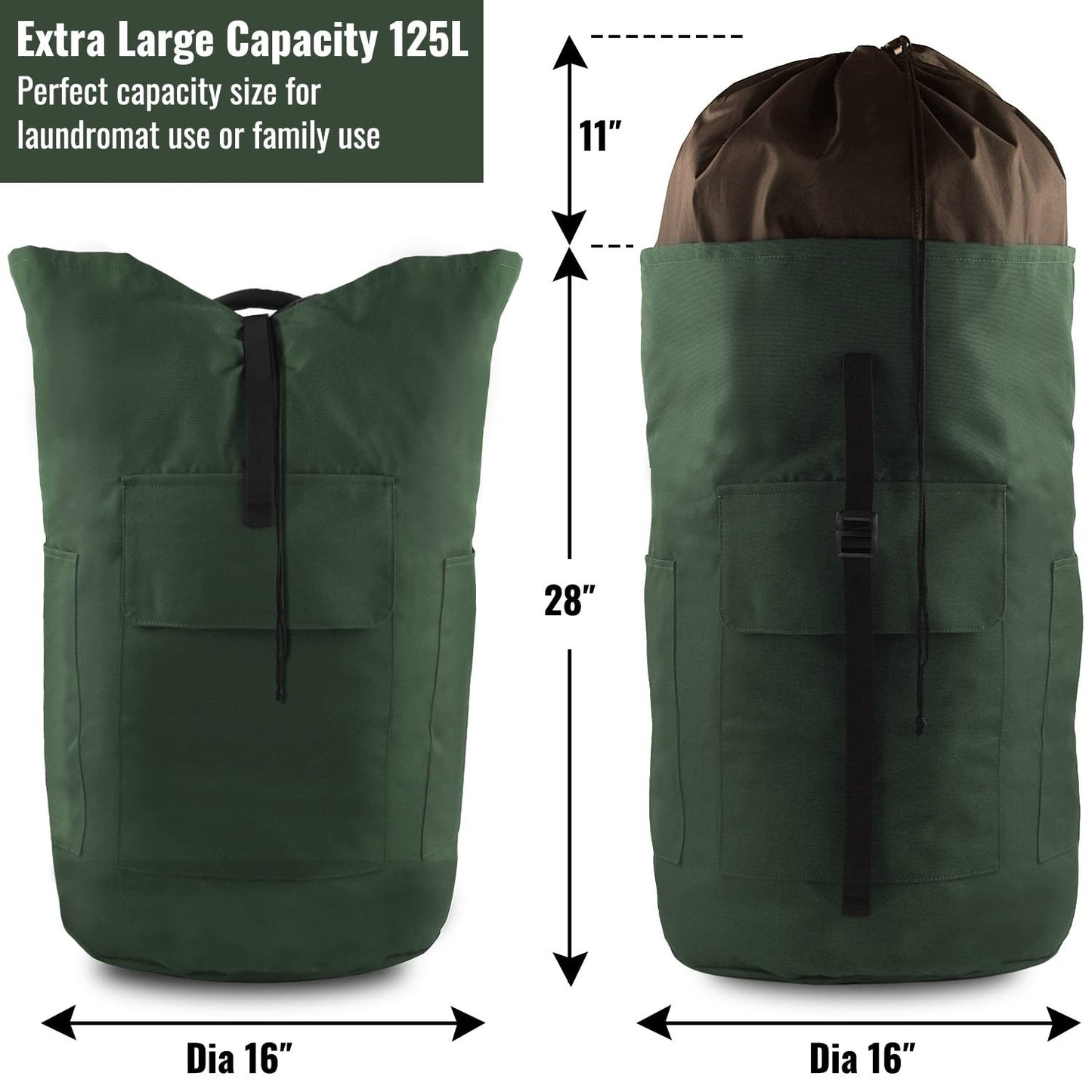 Extra Large Laundry Backpack 125L, Heavy Duty Hamper with Padded Straps & 3 Pock2