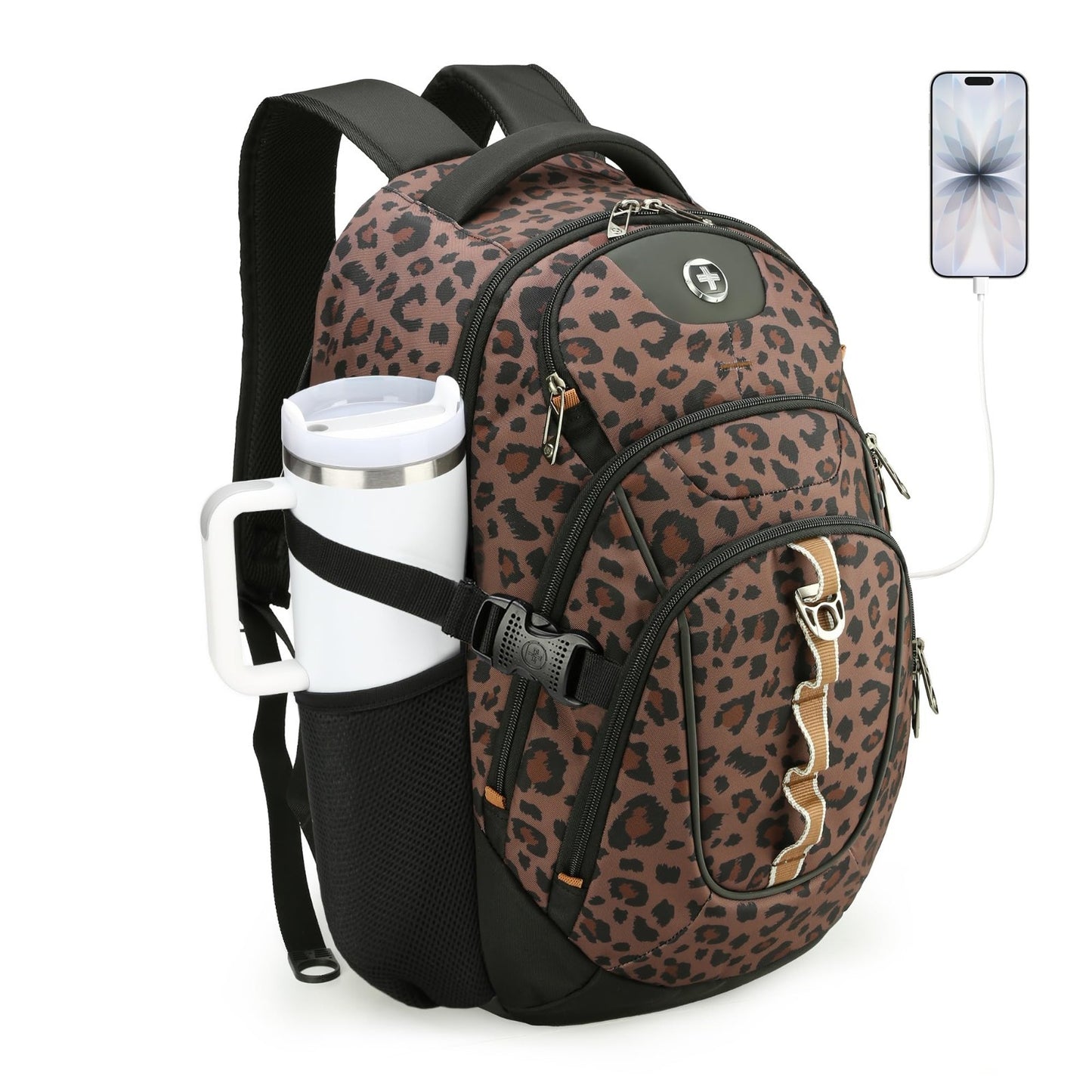 Stylish Brown Leopard Laptop Backpack, Water Resistant, Multi Compartment Design1