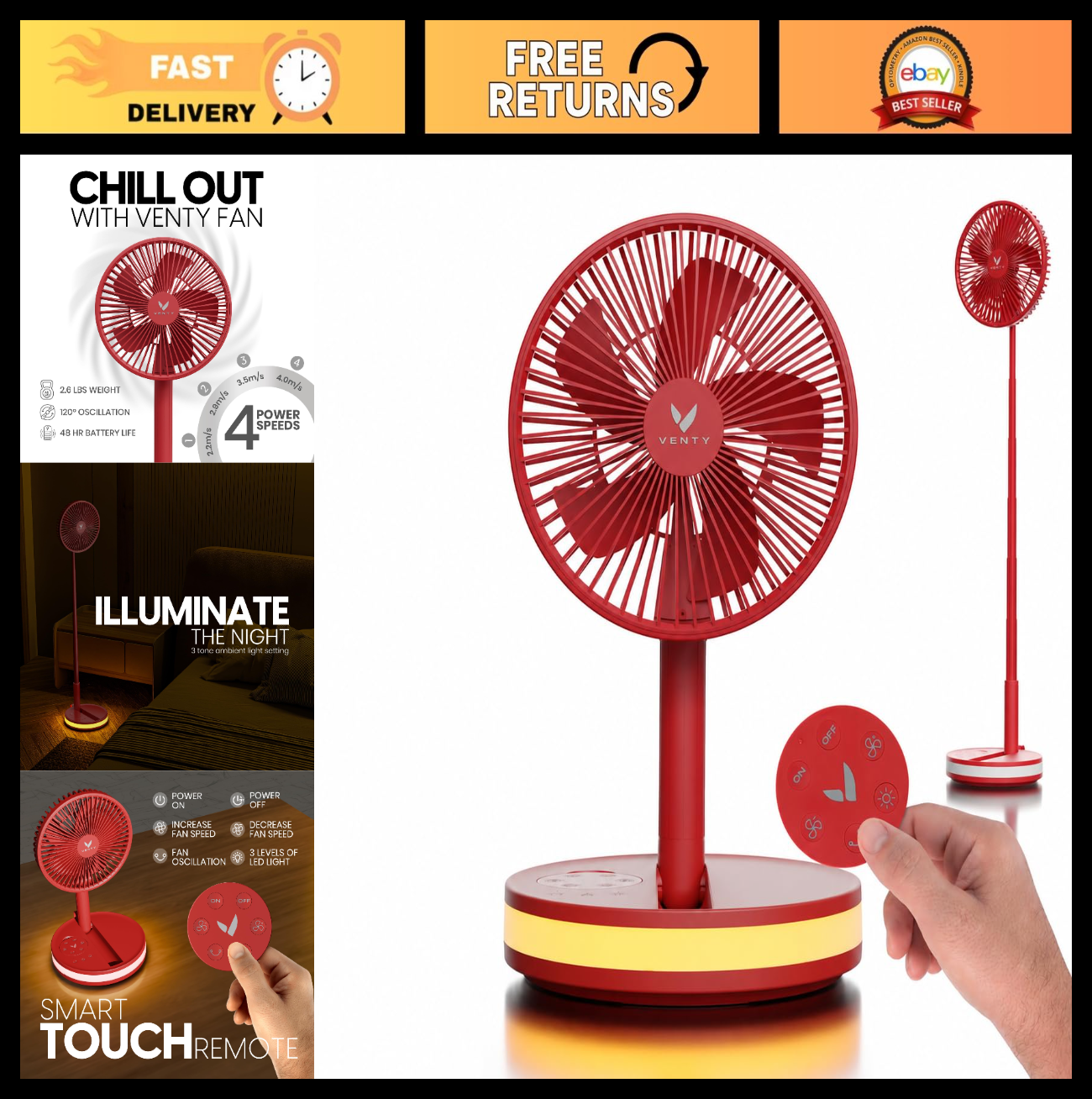 Portable Wireless Battery Operated Fan   4 Speeds, LED Light, Carry Case, Remote0