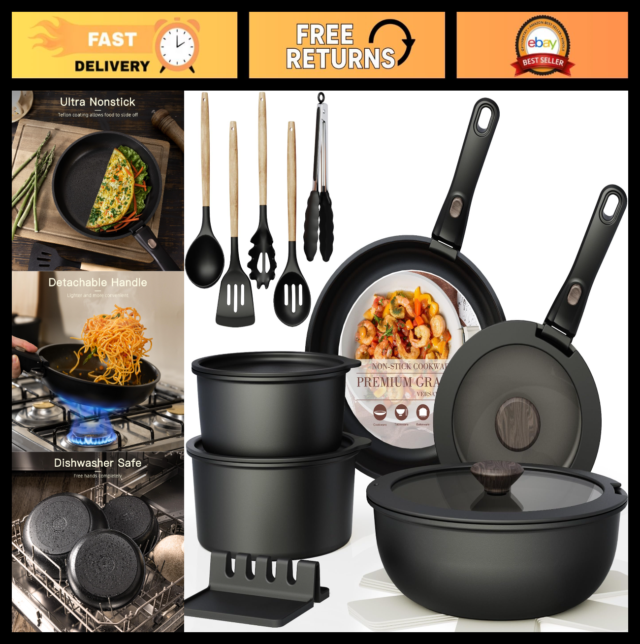 21 Piece Non Stick Ceramic Cookware Set, Detachable Handle, Oven Safe, Induction0