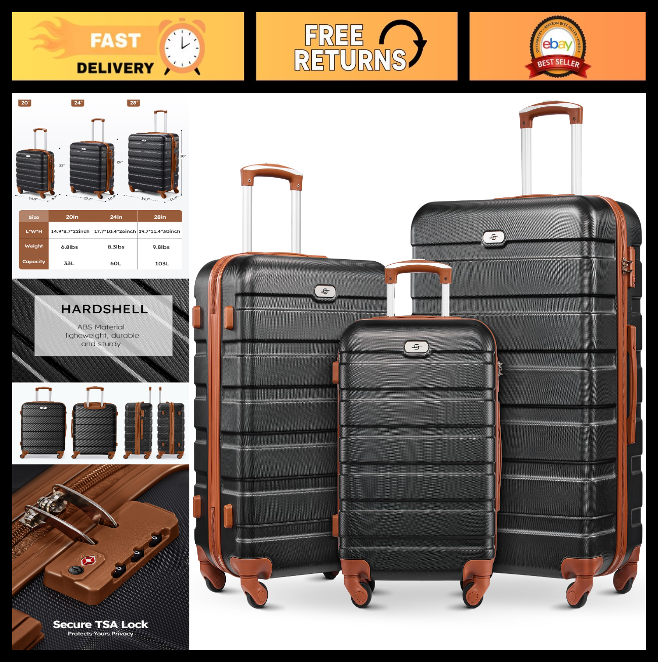 3 Piece Hard Shell Luggage Set with Spinner Wheels & TSA Lock - 20/24/28" Travel0