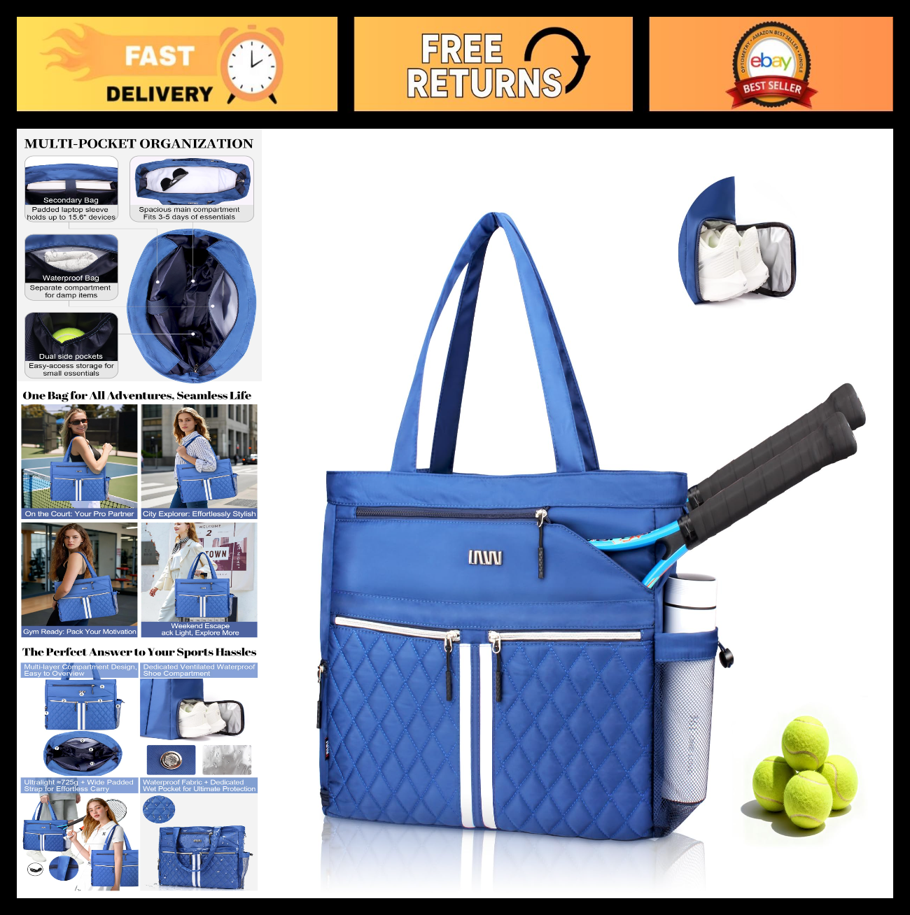 Tennis Bag for Women - Holds 2 Rackets, Ventilated Shoe Compartment, Gym & Pickl0