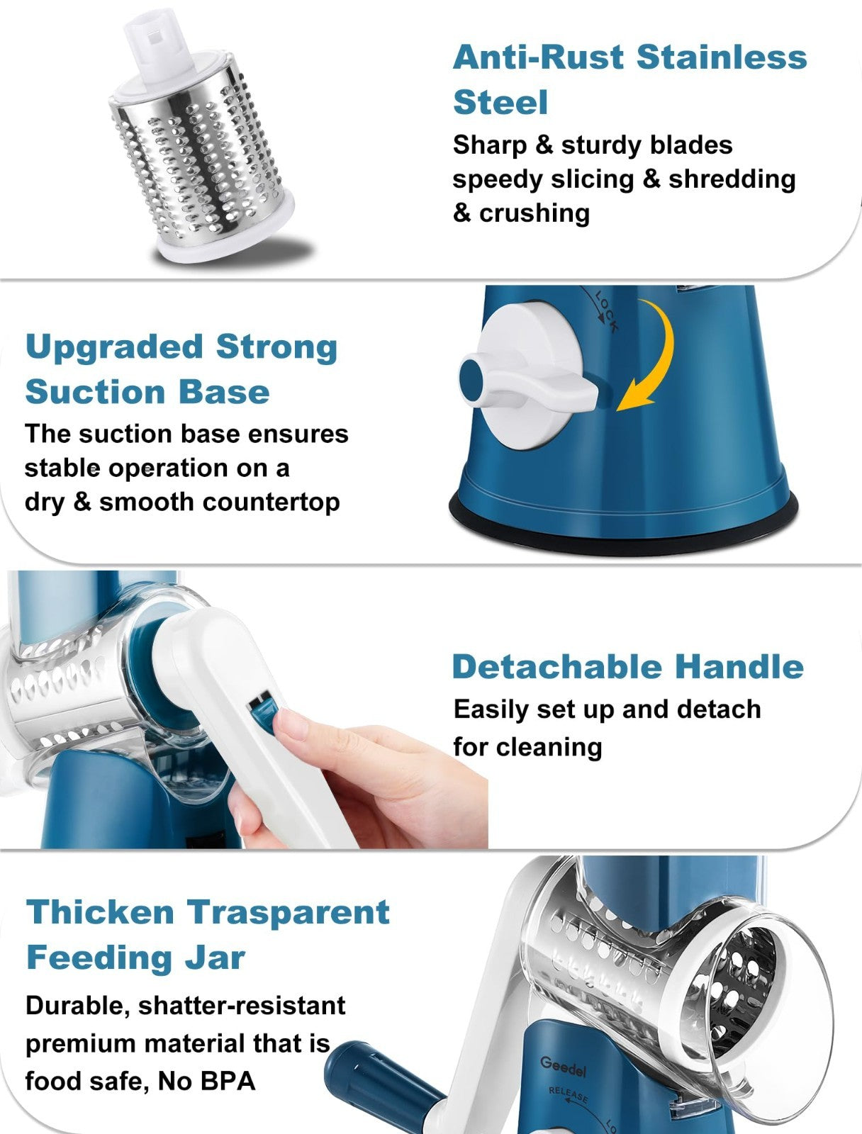 Rotary Cheese Grater & Vegetable Slicer   5 Blades, Stainless Steel, Fast Cuttin6