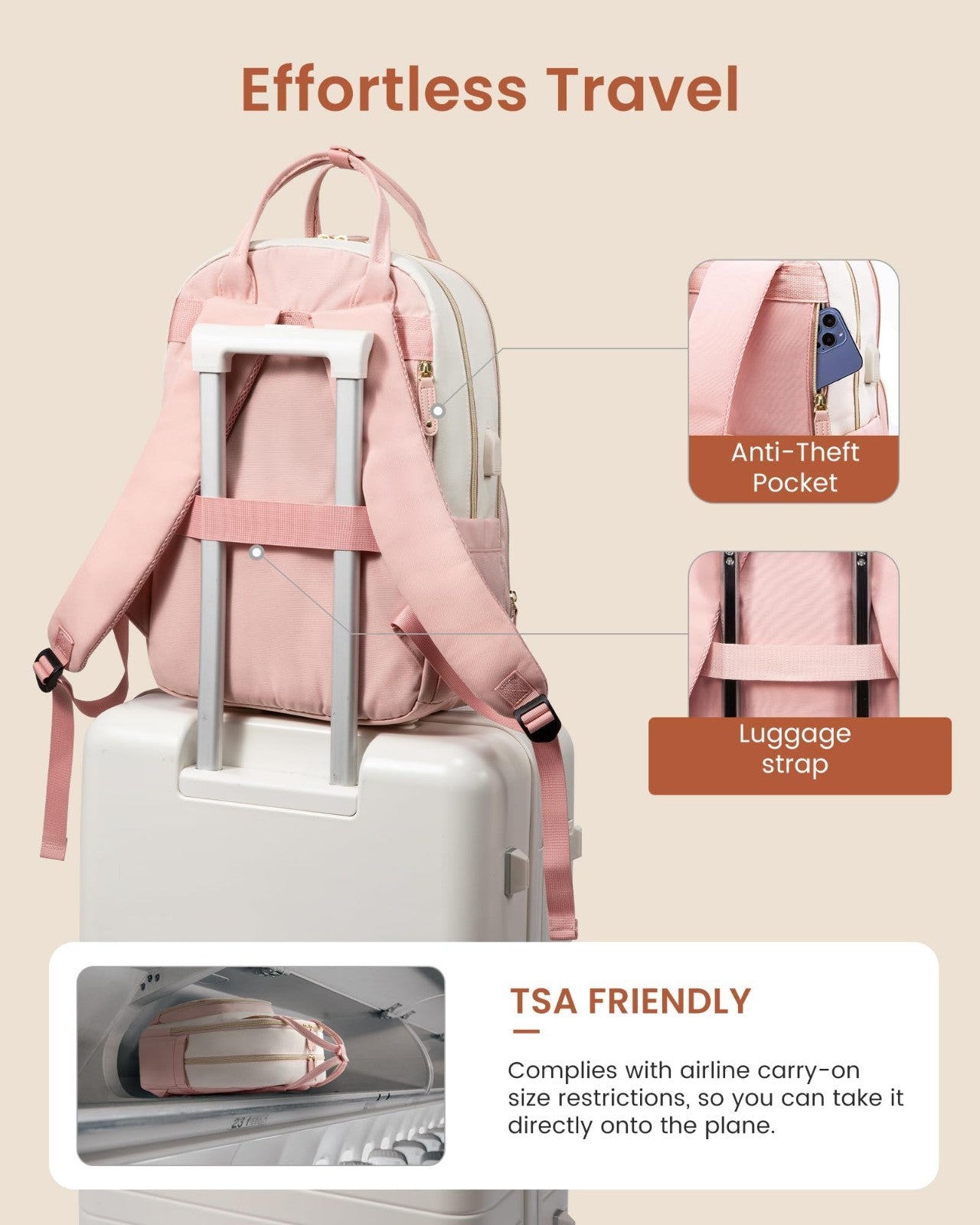 Stylish Women's Laptop Backpack, 15.6" Waterproof Anti Theft School Bag, Beige P5