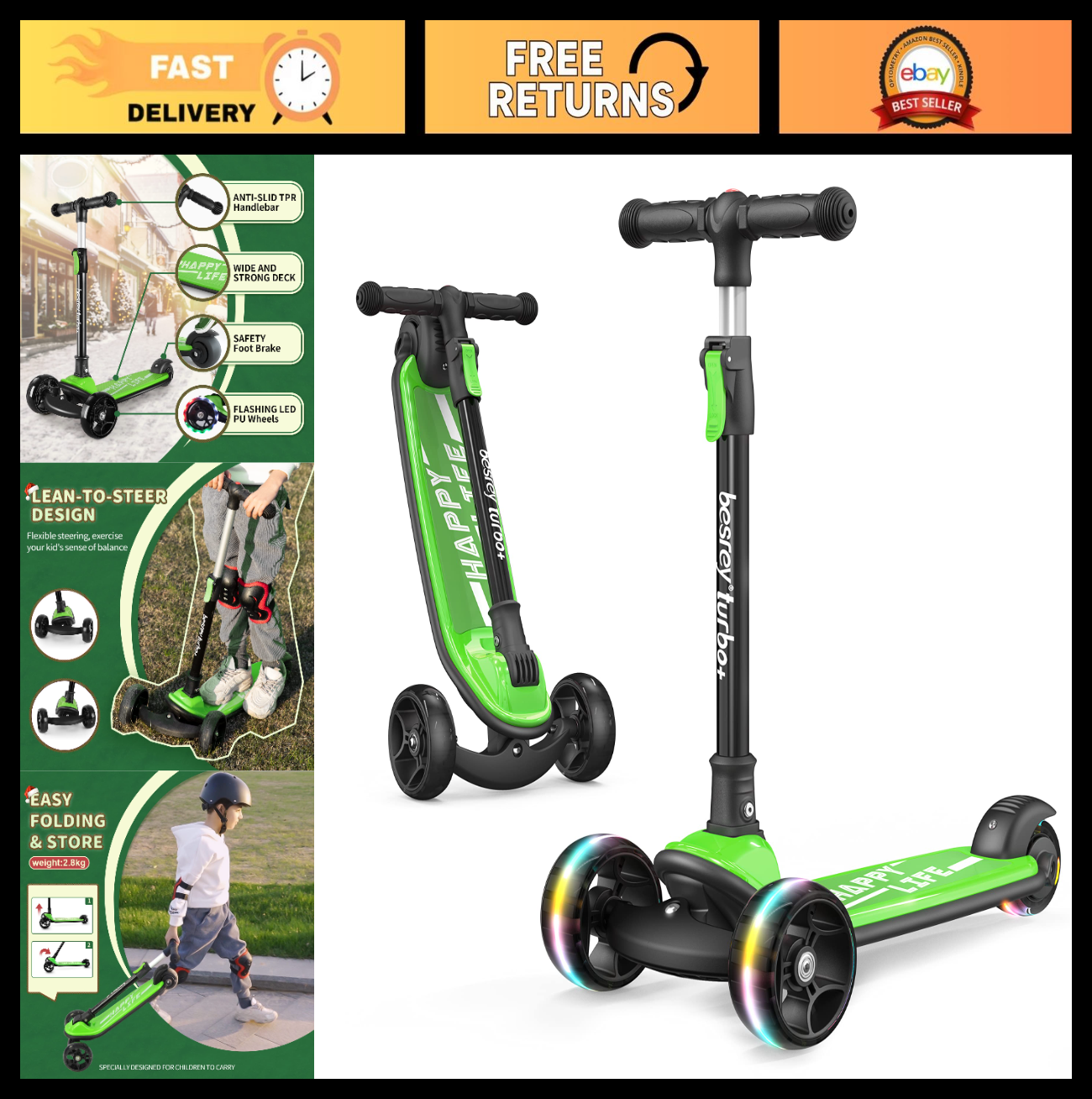 3-Wheel Kids Scooter Ages 3-10, Adjustable Height, Safe & Durable Design0