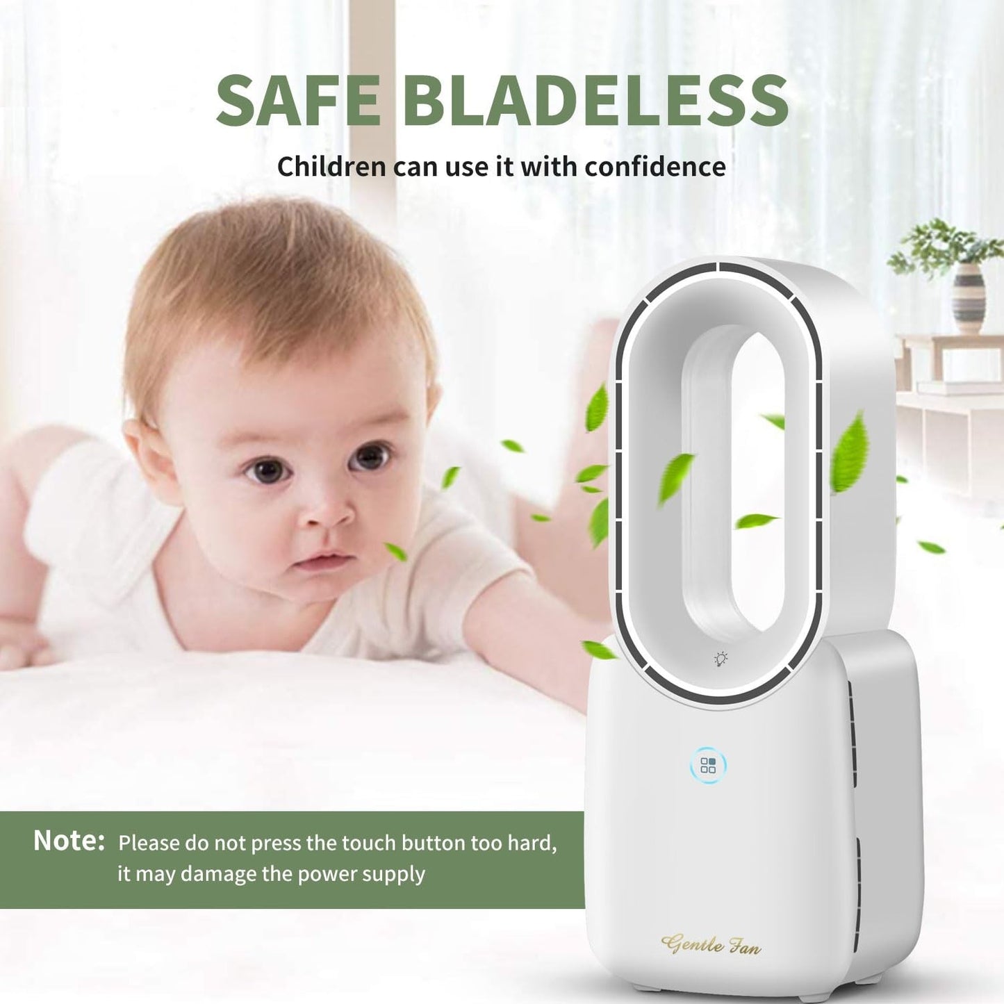 Rechargeable Bladeless Desk Fan 11.8”   5 Color Ambient Lights, Touch Control, Q7