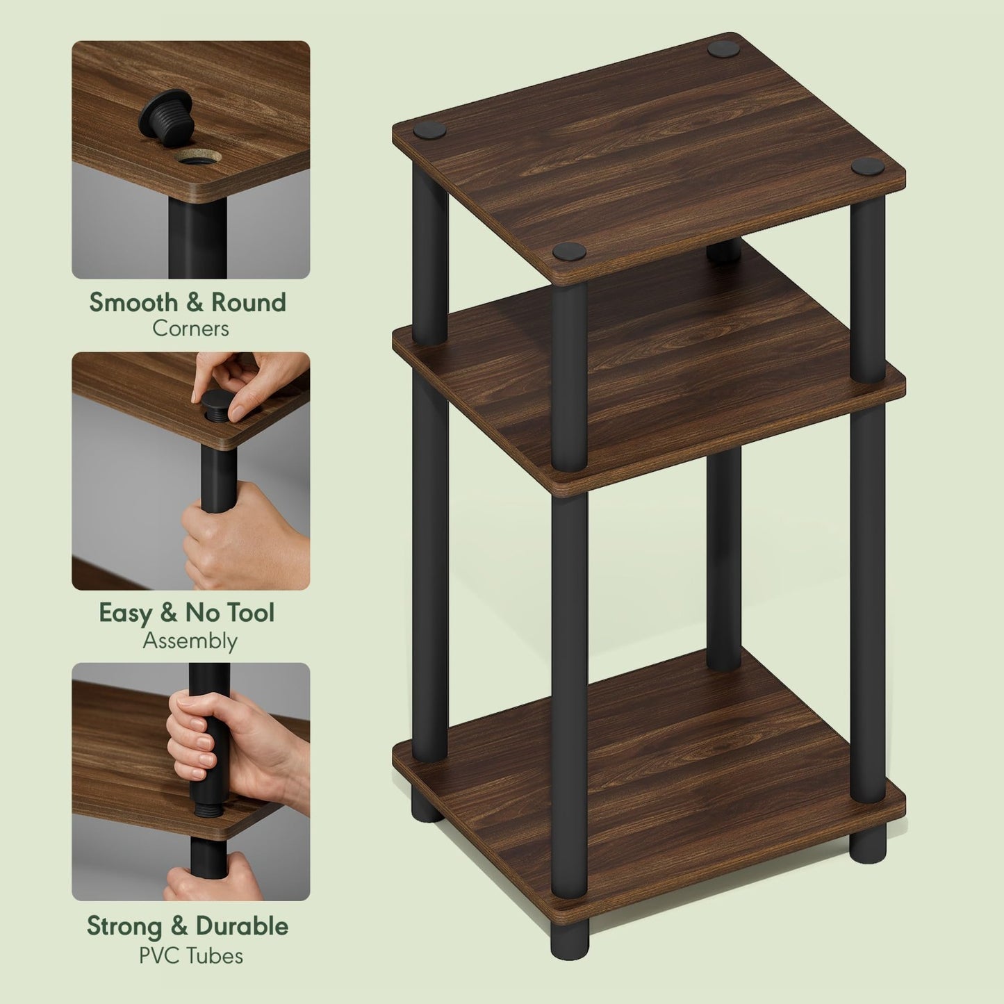 3-Tier Side Table with Open Shelves, Nightstand, Toolless Assembly for Living Ro3