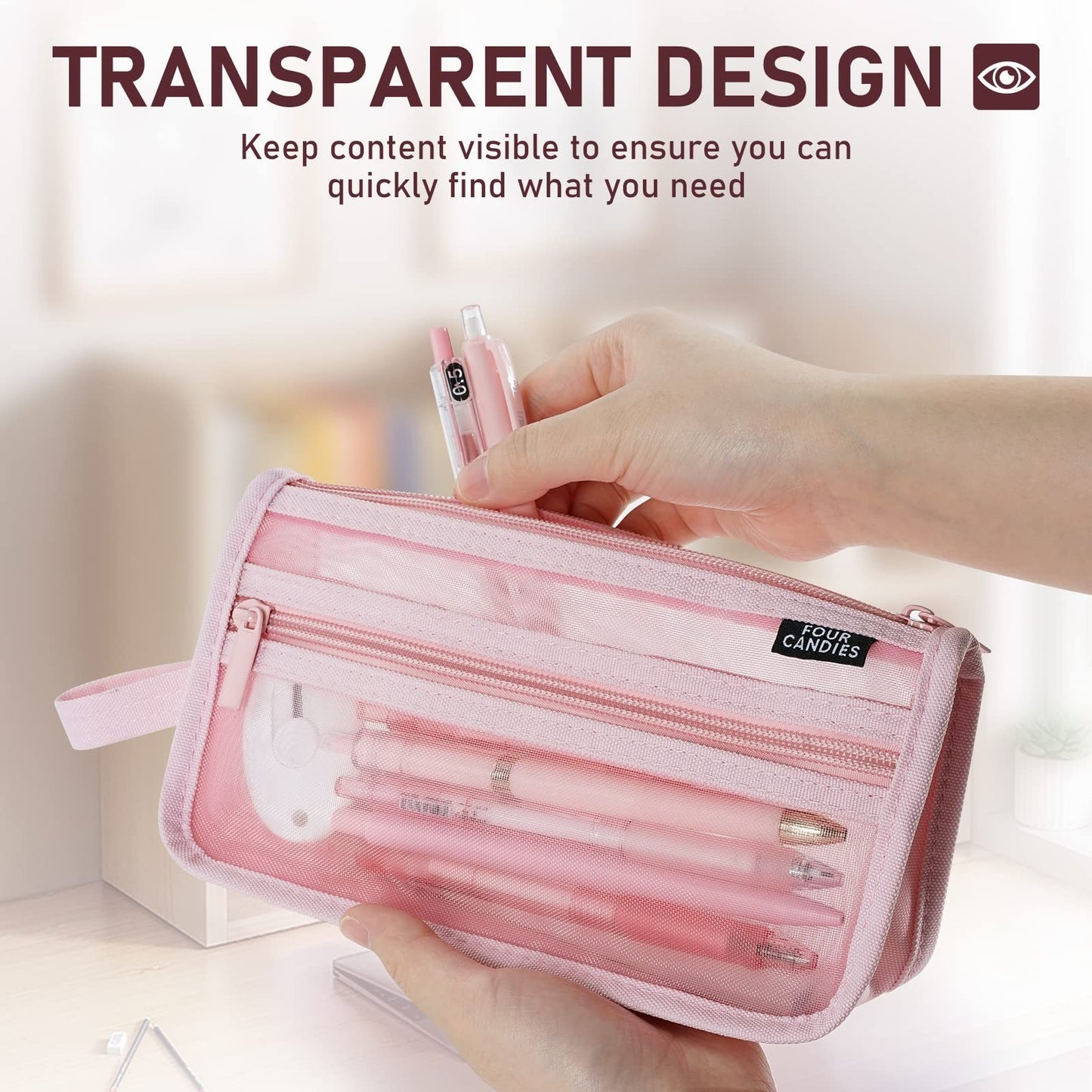 Clear Double Layer Mesh Pencil Case with Handle   Four Candies Grid Design, Blac6