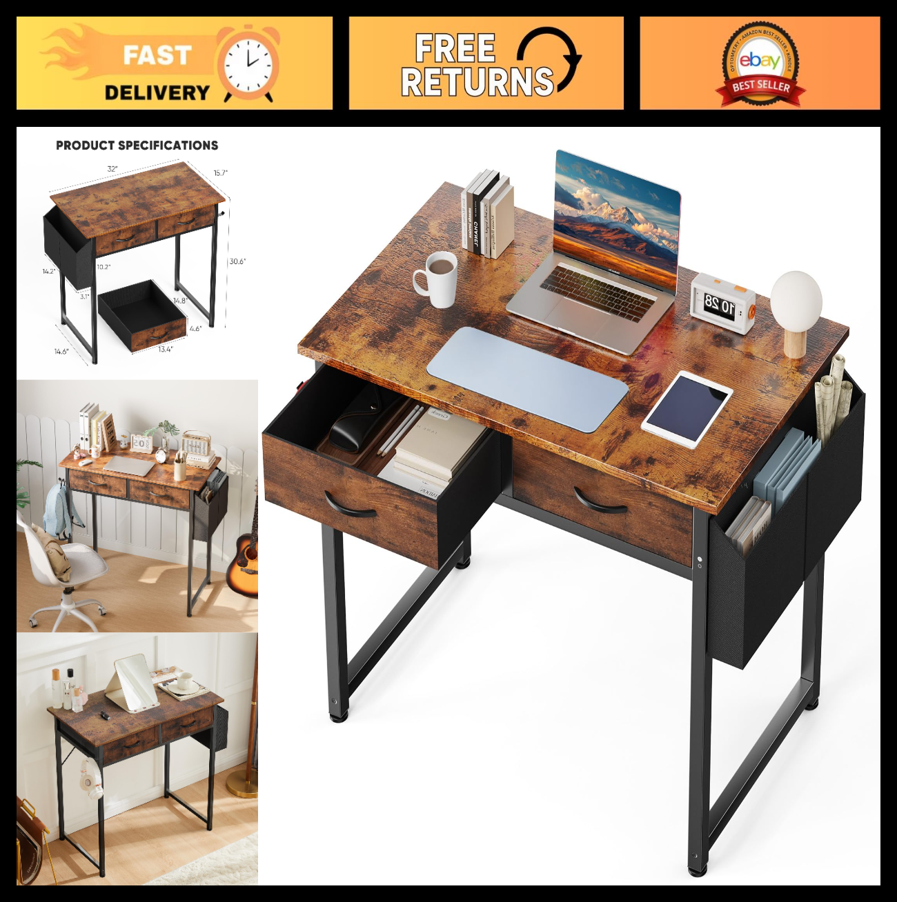 32" Home Office Desk with Drawers, Gaming Writing Table, Storage Bag & Headphone0