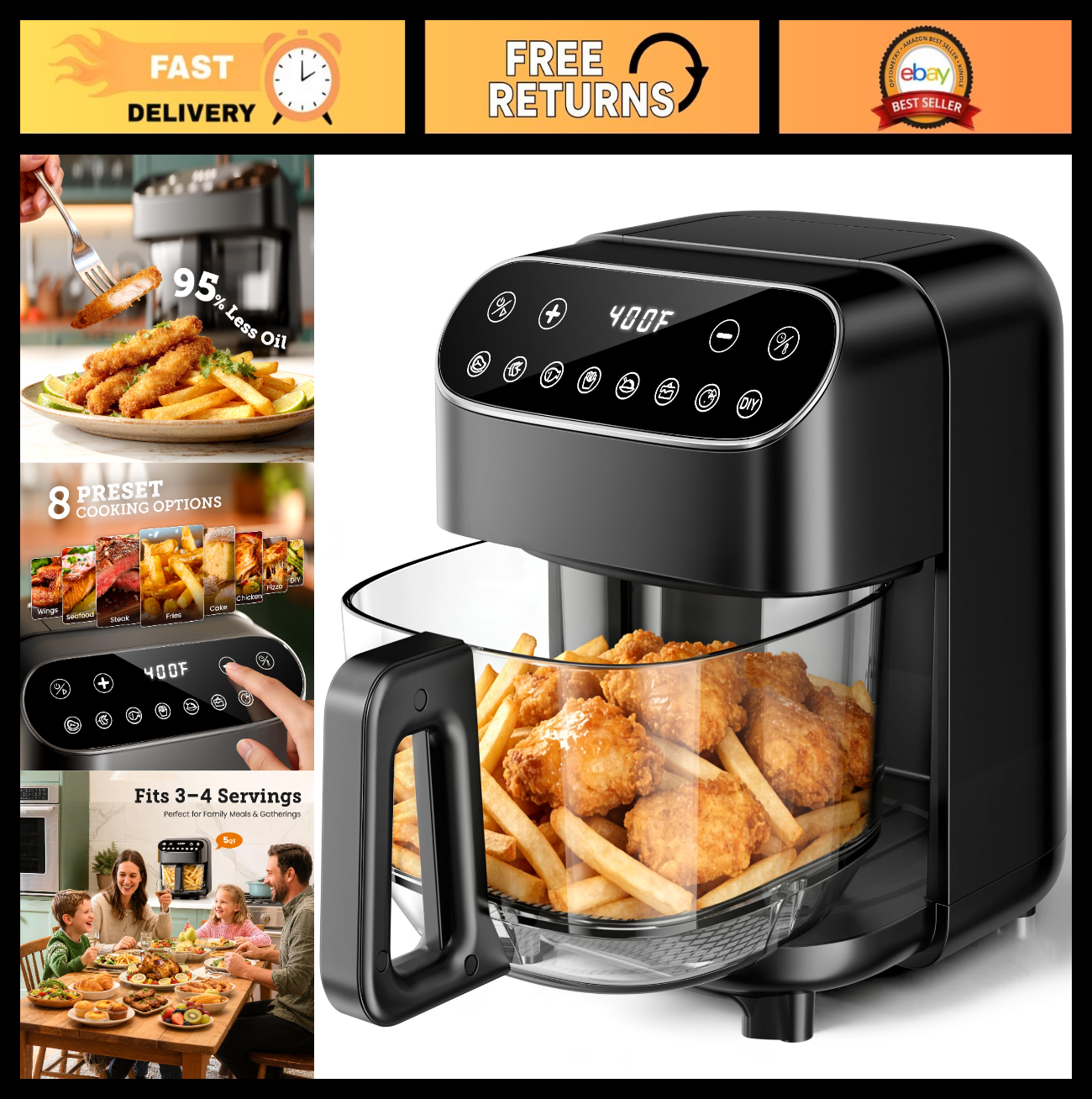 5QT Glass Air Fryer - BPA-Free, Digital Touch Control, 1500W, Dishwasher Safe, 90