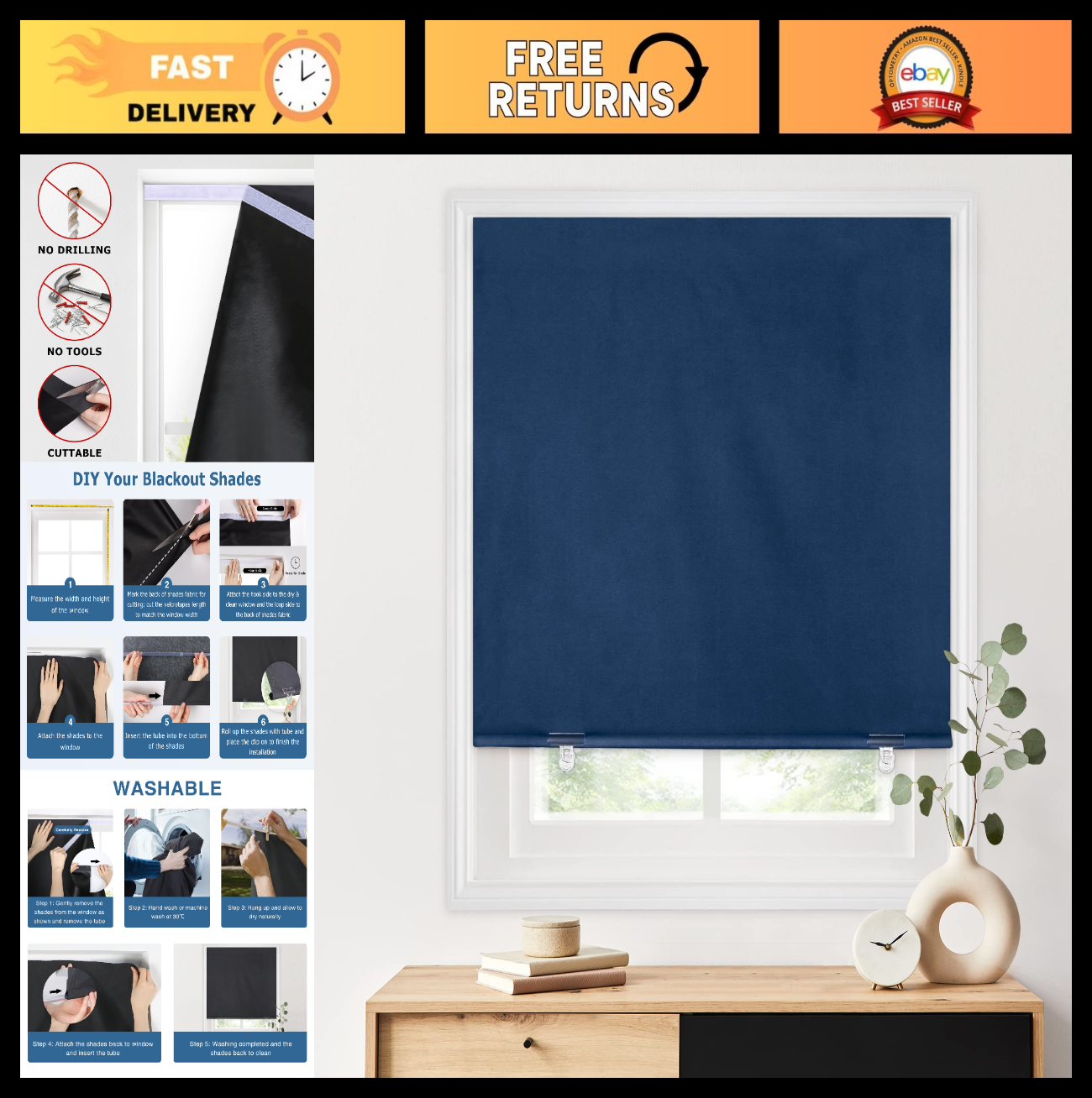 100% Blackout Roller Shades 36"x72" Navy Blue | Cordless No Drill Thermal Insula0