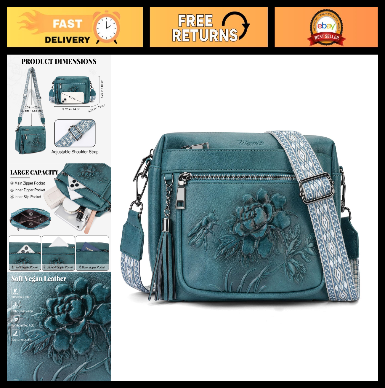 Vegan Leather Crossbody Bags for Women, Stylish Embossed Purse, Fashion Handbag0