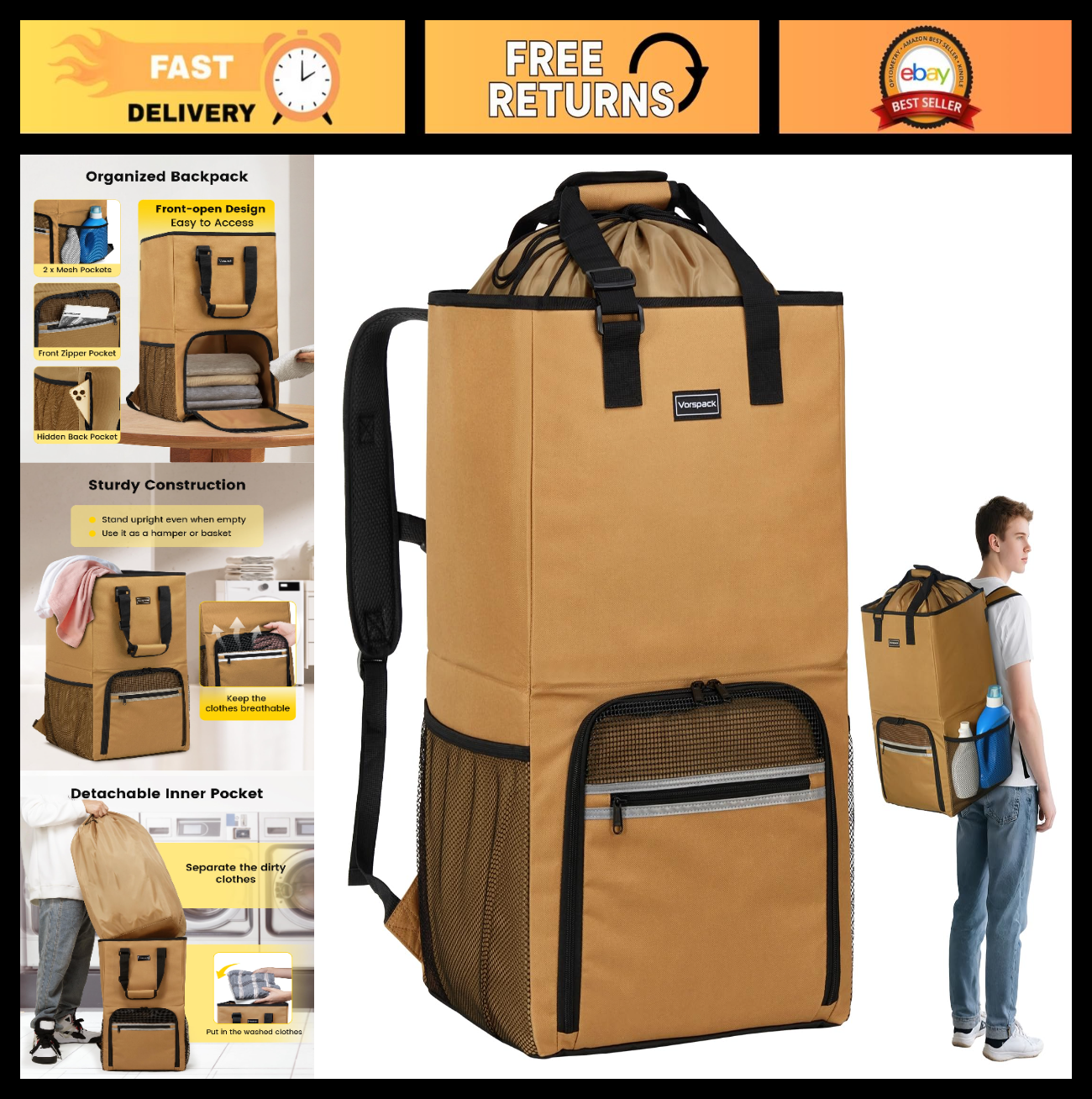 Extra Large Laundry Backpack with Shoulder Straps - Heavy-Duty 2-in-1 Hamper for0