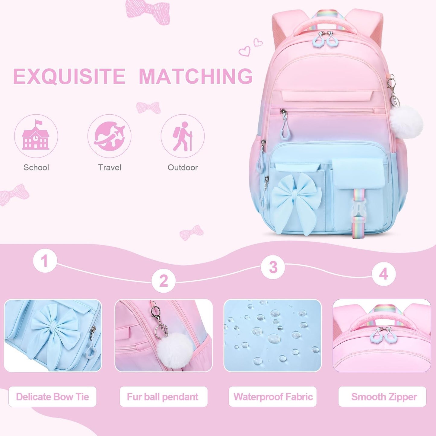 Cute Girls Backpack Set with Lunch Bag & Pencil Case   Stylish School Bag for Ki5