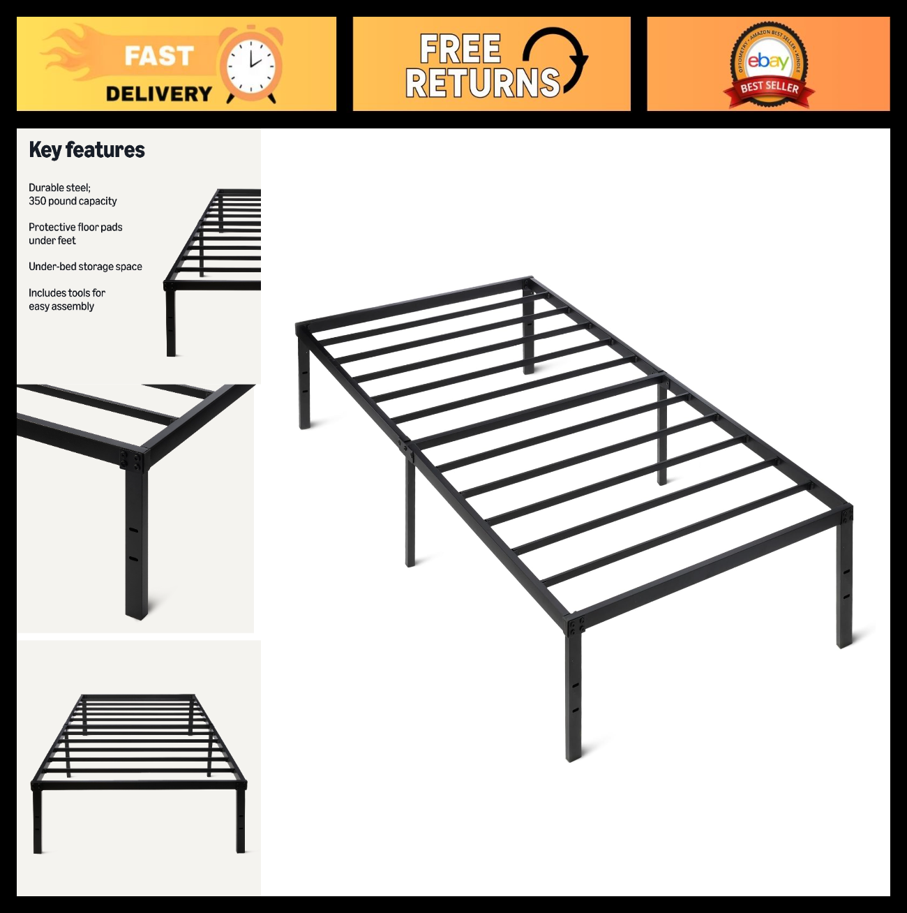 Sturdy Twin Metal Bed Frame   Non Foldable Platform, Easy Assembly, 39"x75", Bla0