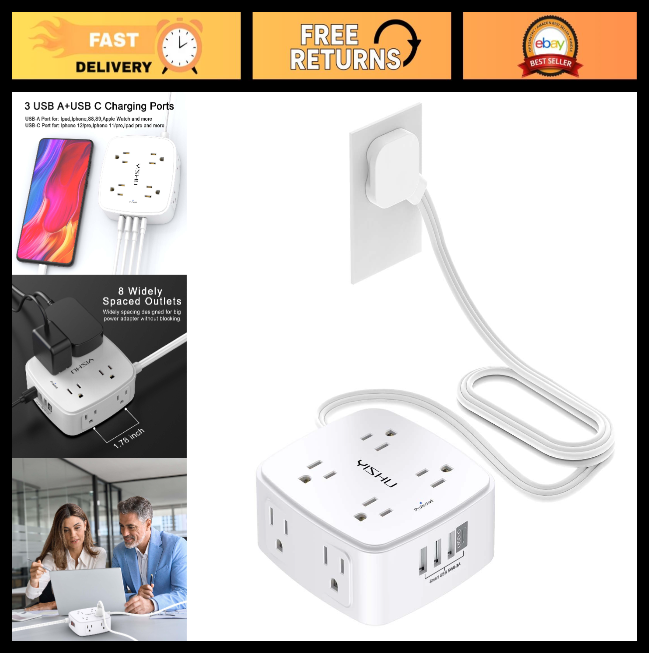 6 Ft Surge Protector Power Strip, 8 Outlets & 4 USB Ports, Flat Extension Cord,0