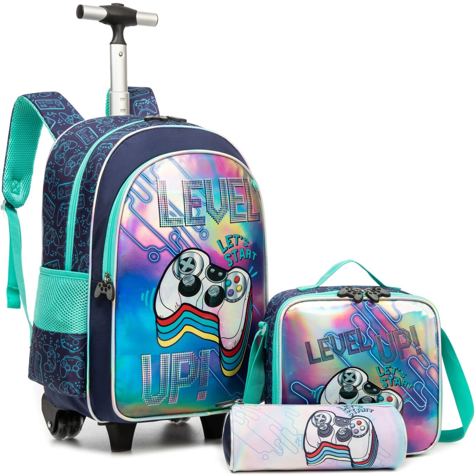 Rolling Kids Backpack with Wheels, Football Design, Lunch Box Included, Ages 6 81