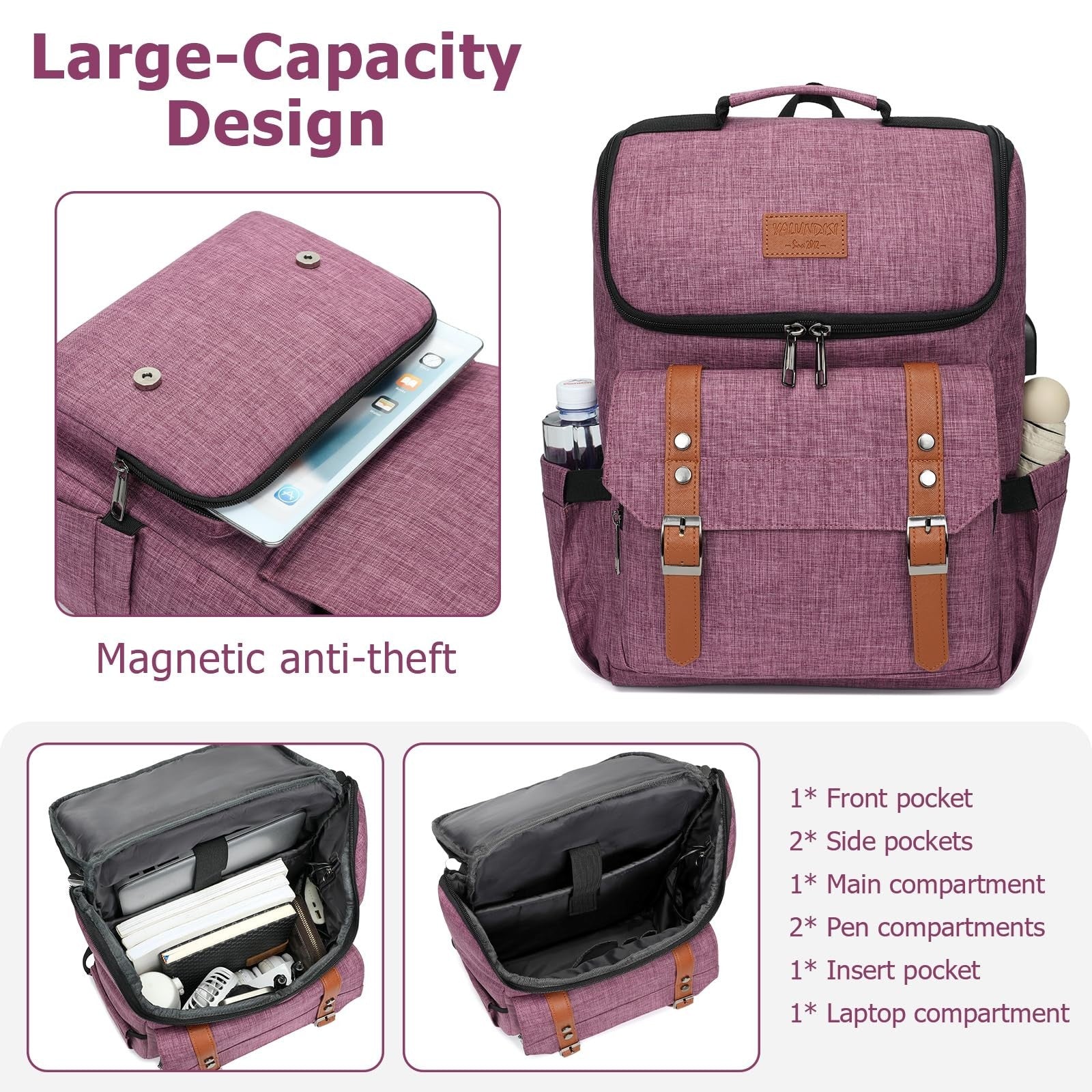 Vintage Travel Laptop Backpack with USB Charging Port, Fits 15.6" - Purple/Brown3