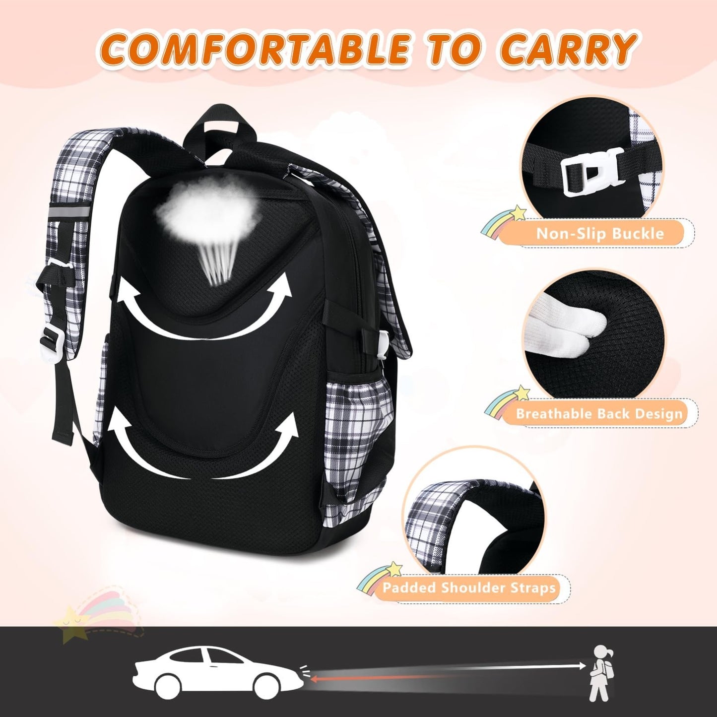 Stylish 3PCS School Backpack Set for Girls   17" Bow Plaid Bookbag, Durable & Tr4